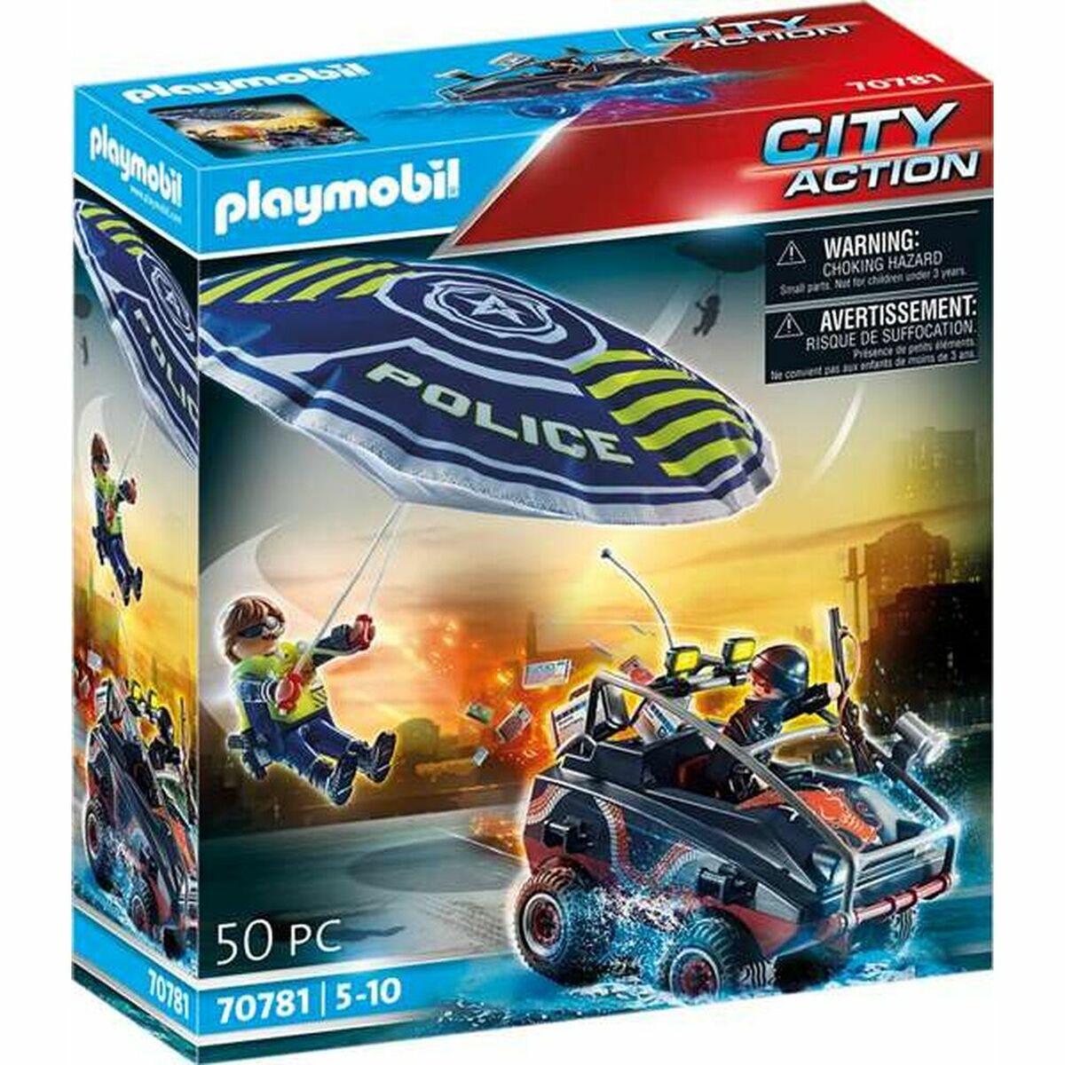 Playset Playmobil City Action Police Parachute avec un véhicule amphibie