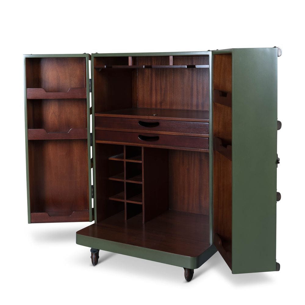 Authentic Models Polo Club Travel Suitcase Cabinet Bar, Green Field