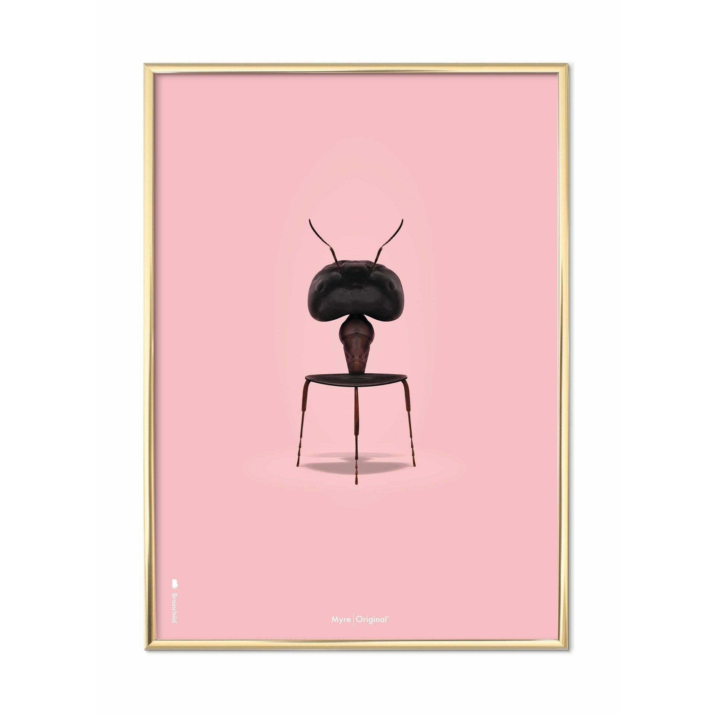 Brainchild Ameise Classic Poster, messingfarbener Rahmen 50 X70 cm, rosa Hintergrund