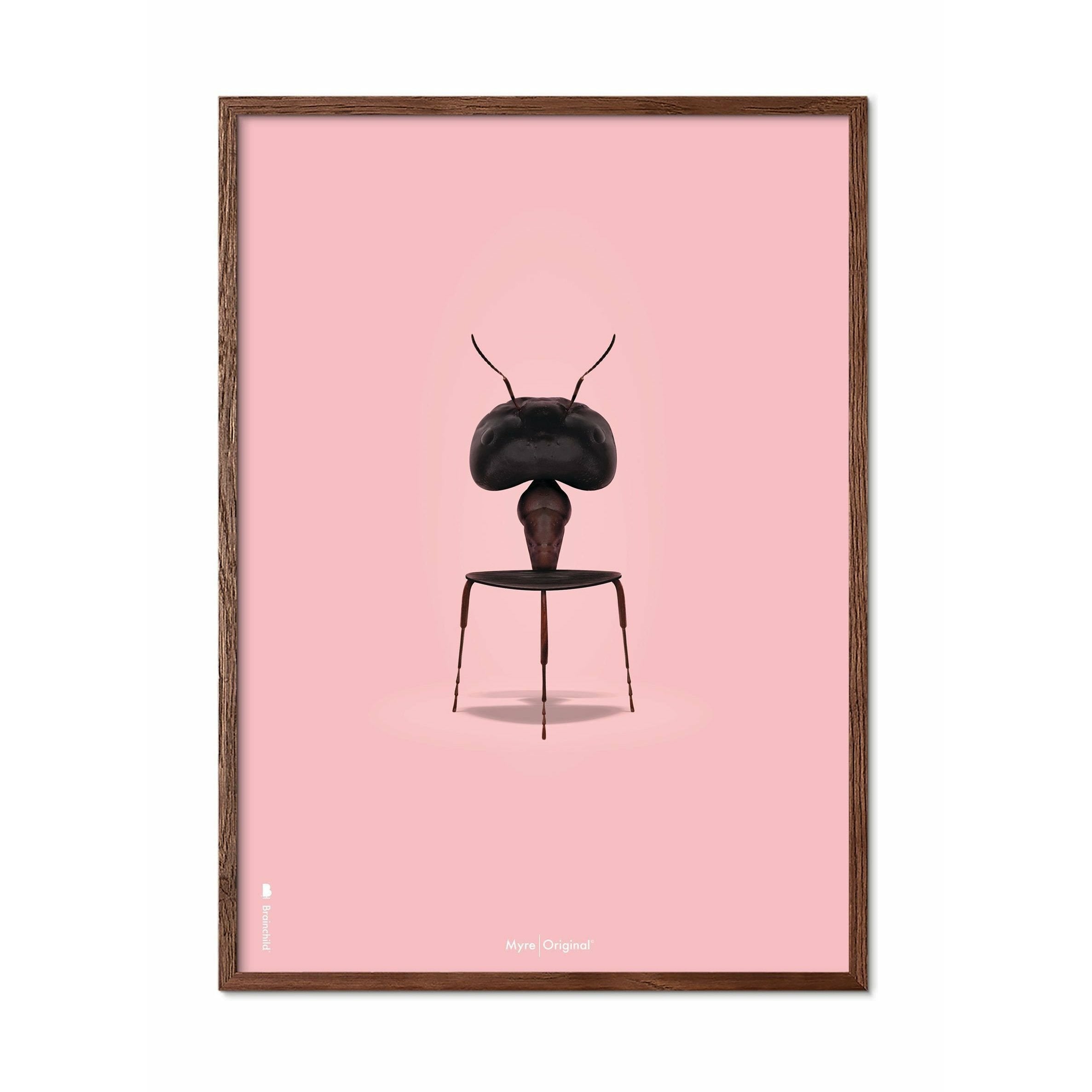 brainchild Affiche classique de fourmi, cadre en bois foncé 30x40 cm, fond rose