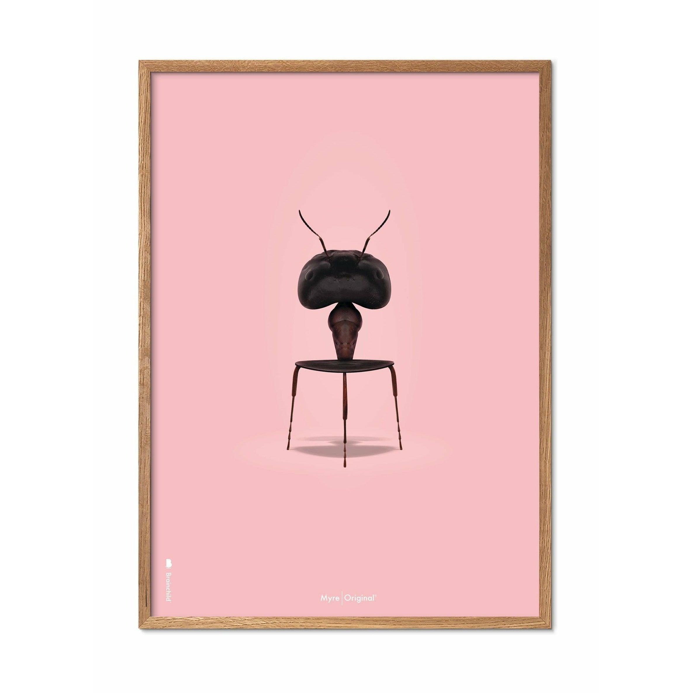 Brainchild Ameise Classic Poster, Rahmen aus hellem Holz 30x40 Cm, rosa Hintergrund