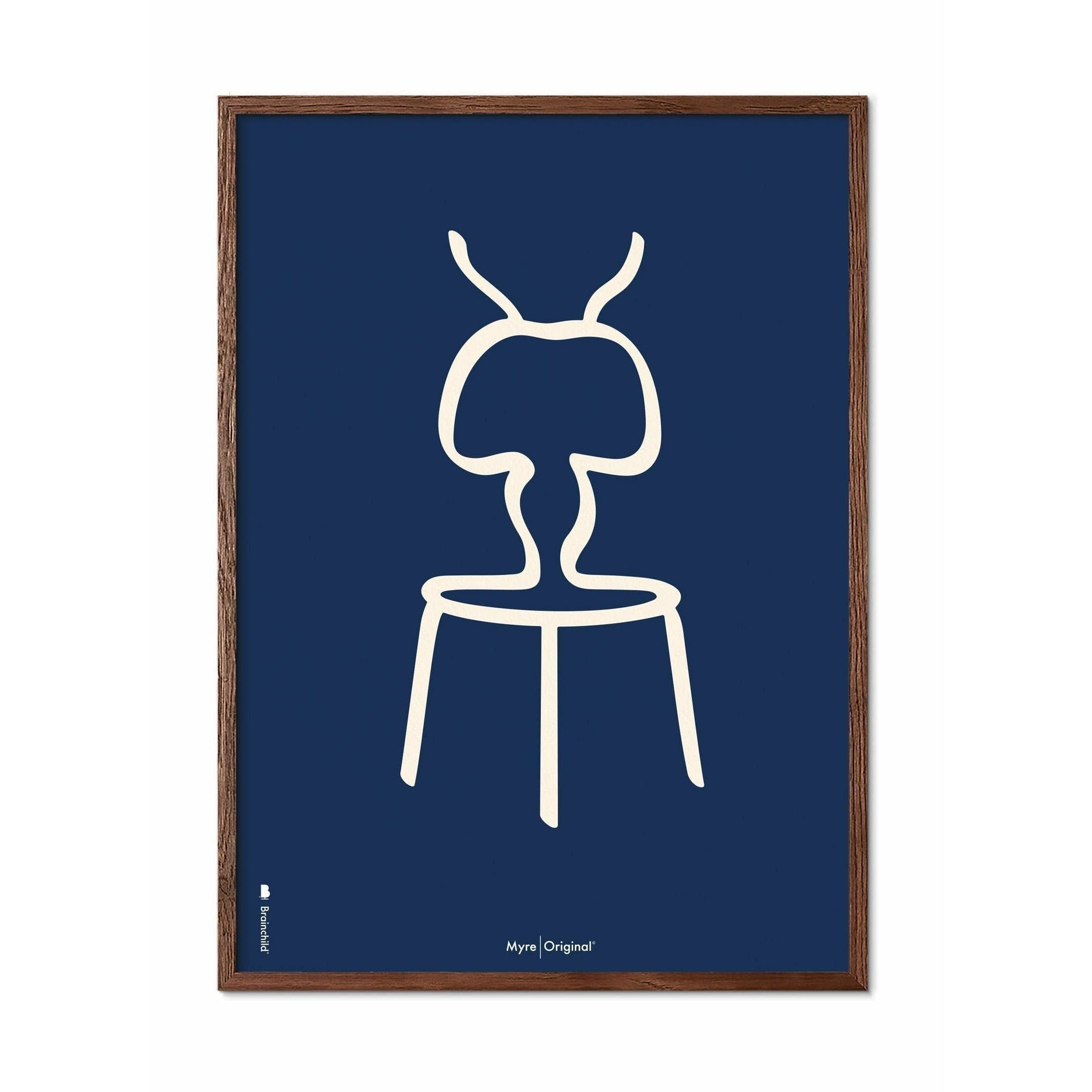 Brainchild Ant Line Poster, Frame Made Of Dark Wood 50x70 Cm, Blue Background