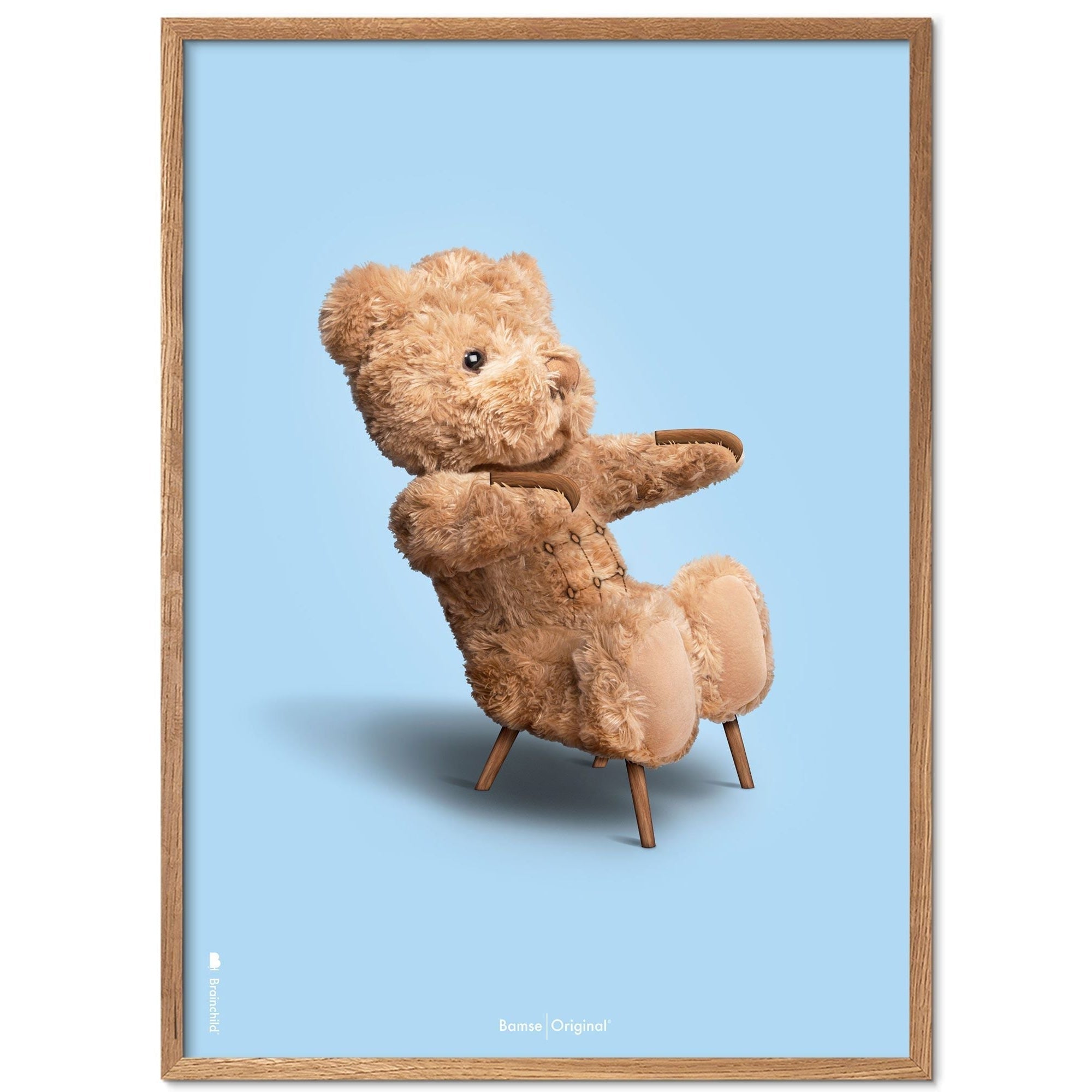 Brainchild Cadre d'affiche classique d'ours en peluche en bois clair Ramme 30x40 cm, fond bleu clair