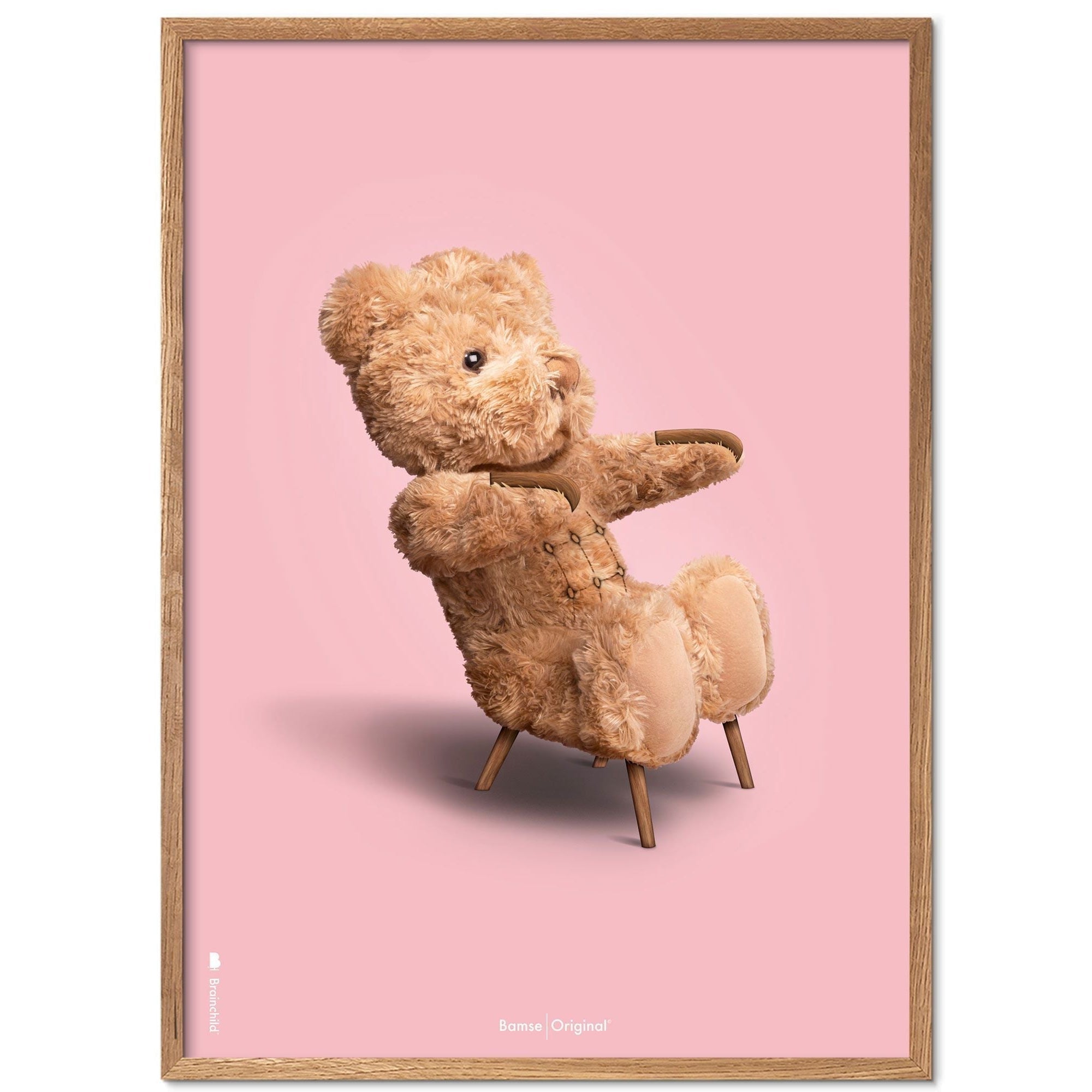 Brainchild Teddybeer klassiek poster frame gemaakt van licht hout ramme 50x70 cm, roze achtergrond