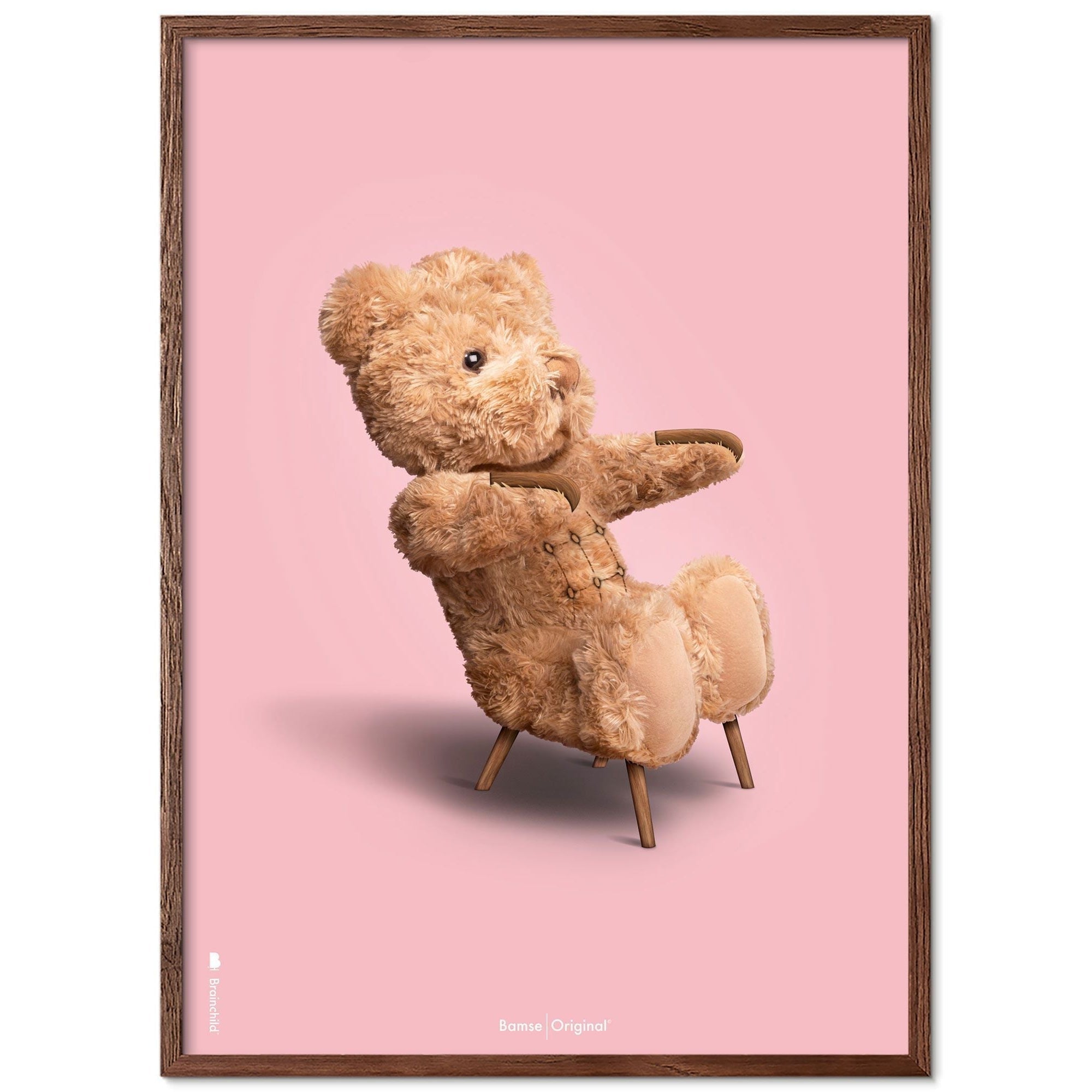 Brainchild Teddybär Classic Poster dunkler Holzrahmen Ram A5, rosa Hintergrund