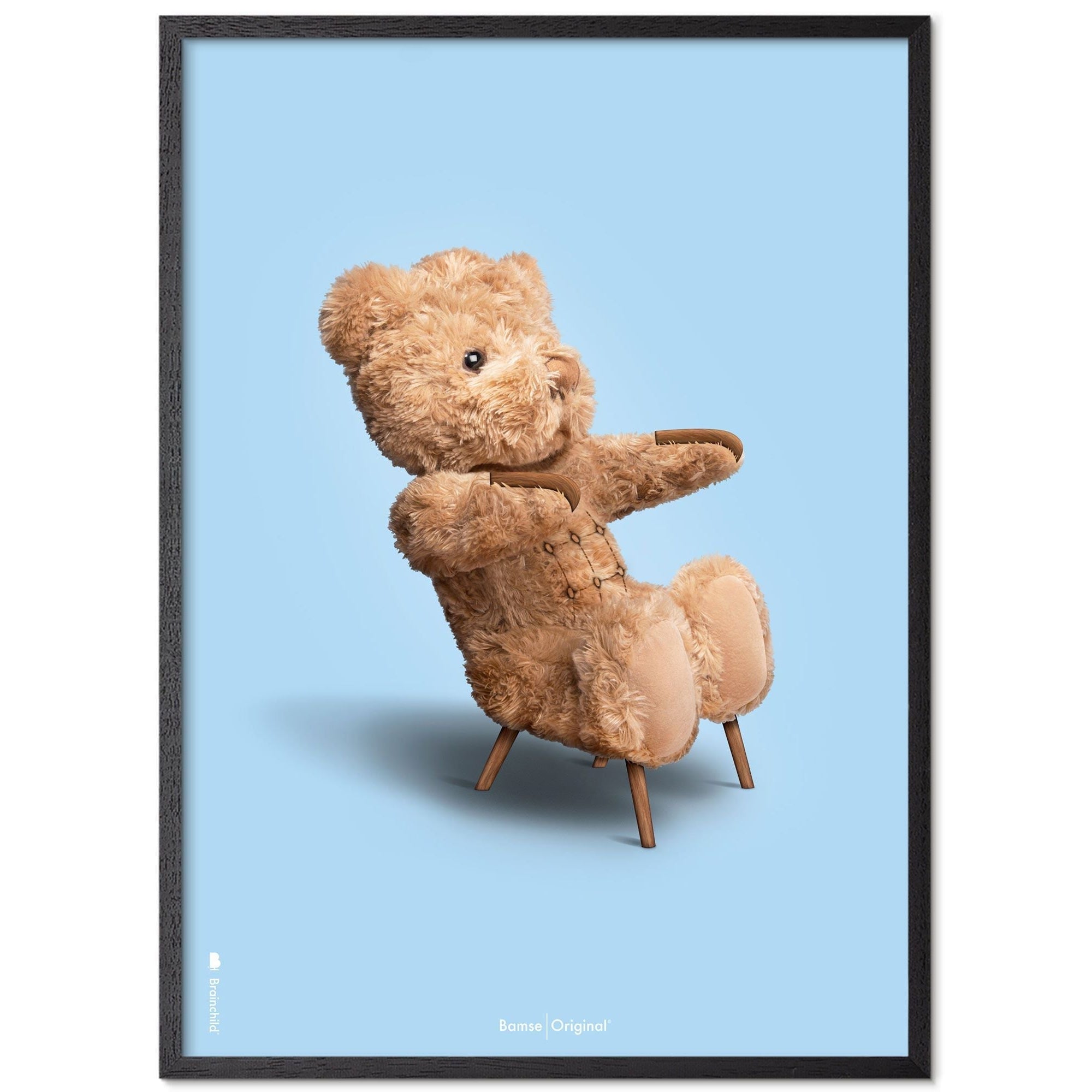 Marco de póster clásico de oso de peluche de creación hecha de madera lacada negra 30x40 cm, fondo azul claro