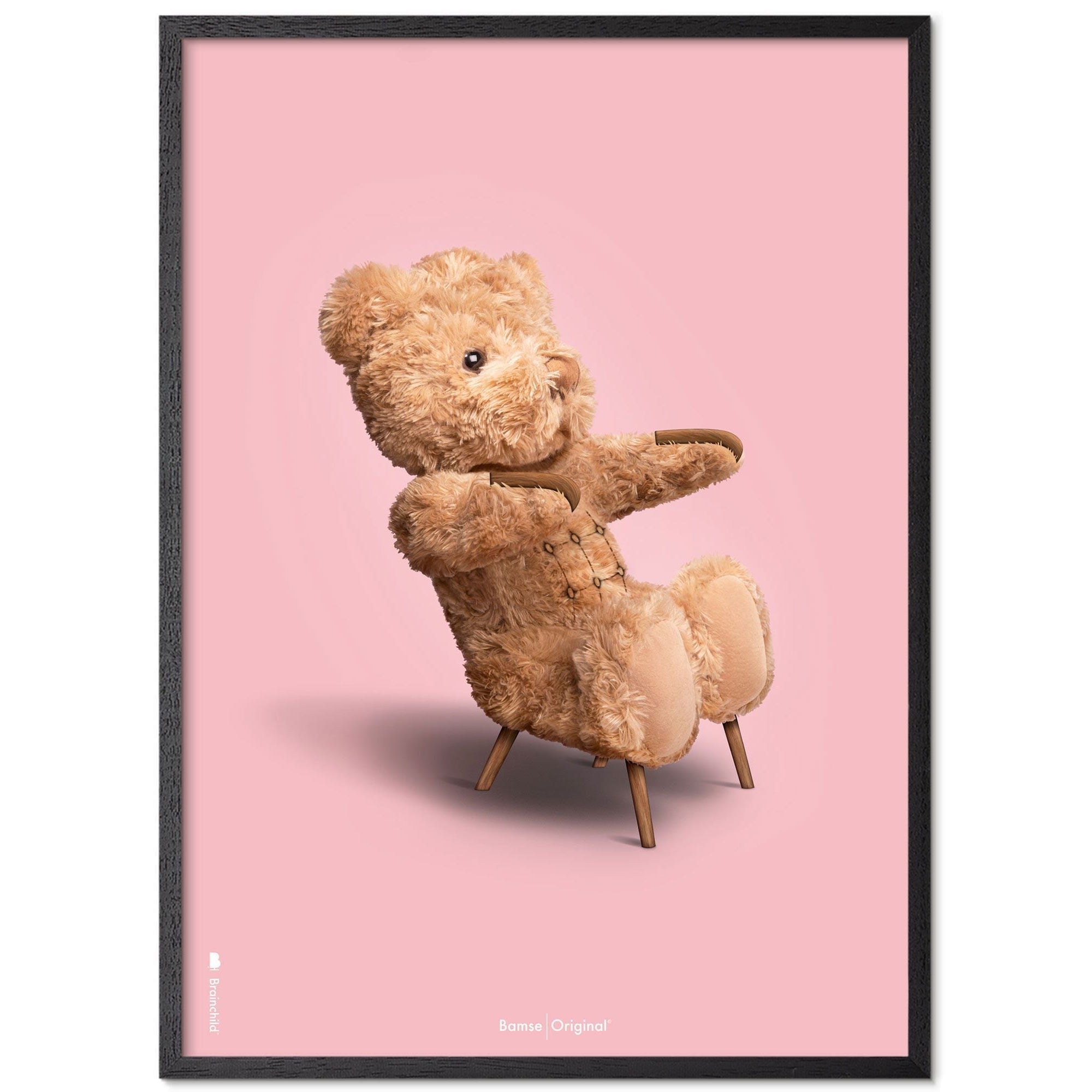 Brainchild Teddybär Classic Posterrahmen aus schwarz lackiertem Holz 30x40 cm, rosa Hintergrund