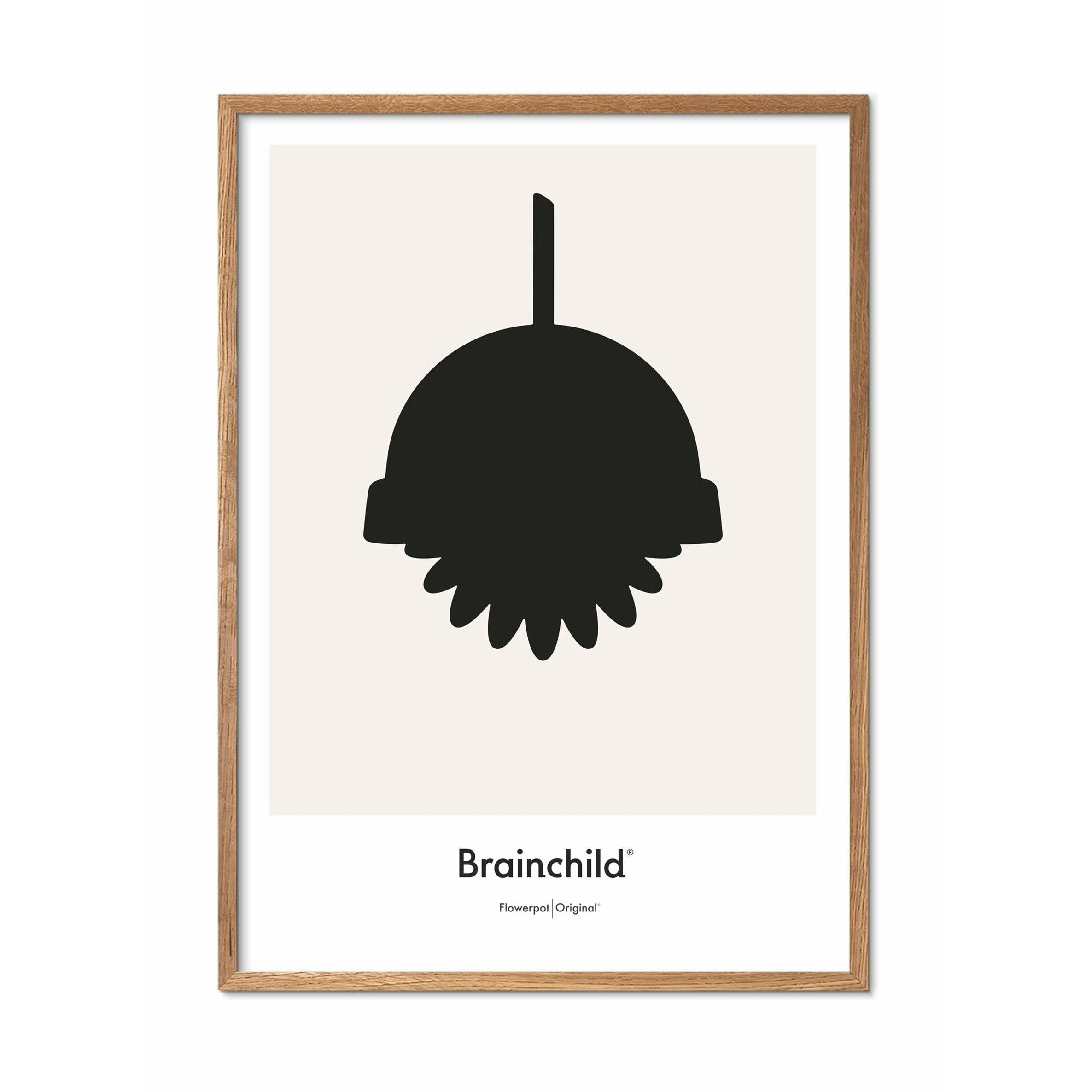 Brainchild Flower Pot Design Icon Poster, Frame Made of Light Wood 70 X100 cm, Gray