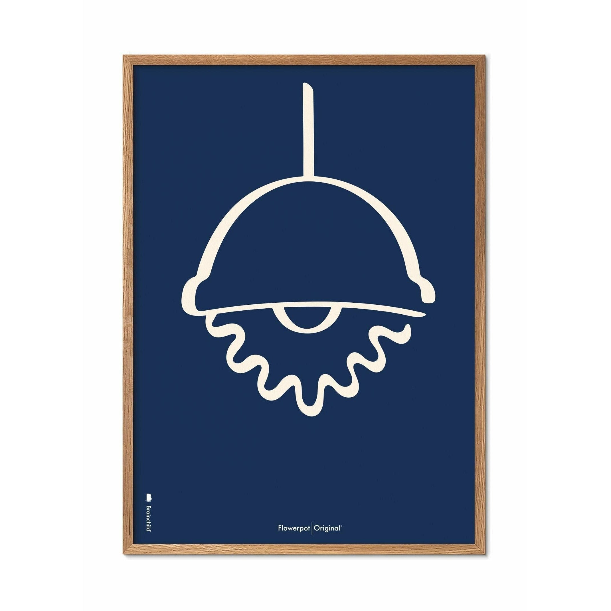 Brainchild Blumentopf Line Poster, Rahmen aus hellem Holz 70x100 Cm, blauer Hintergrund