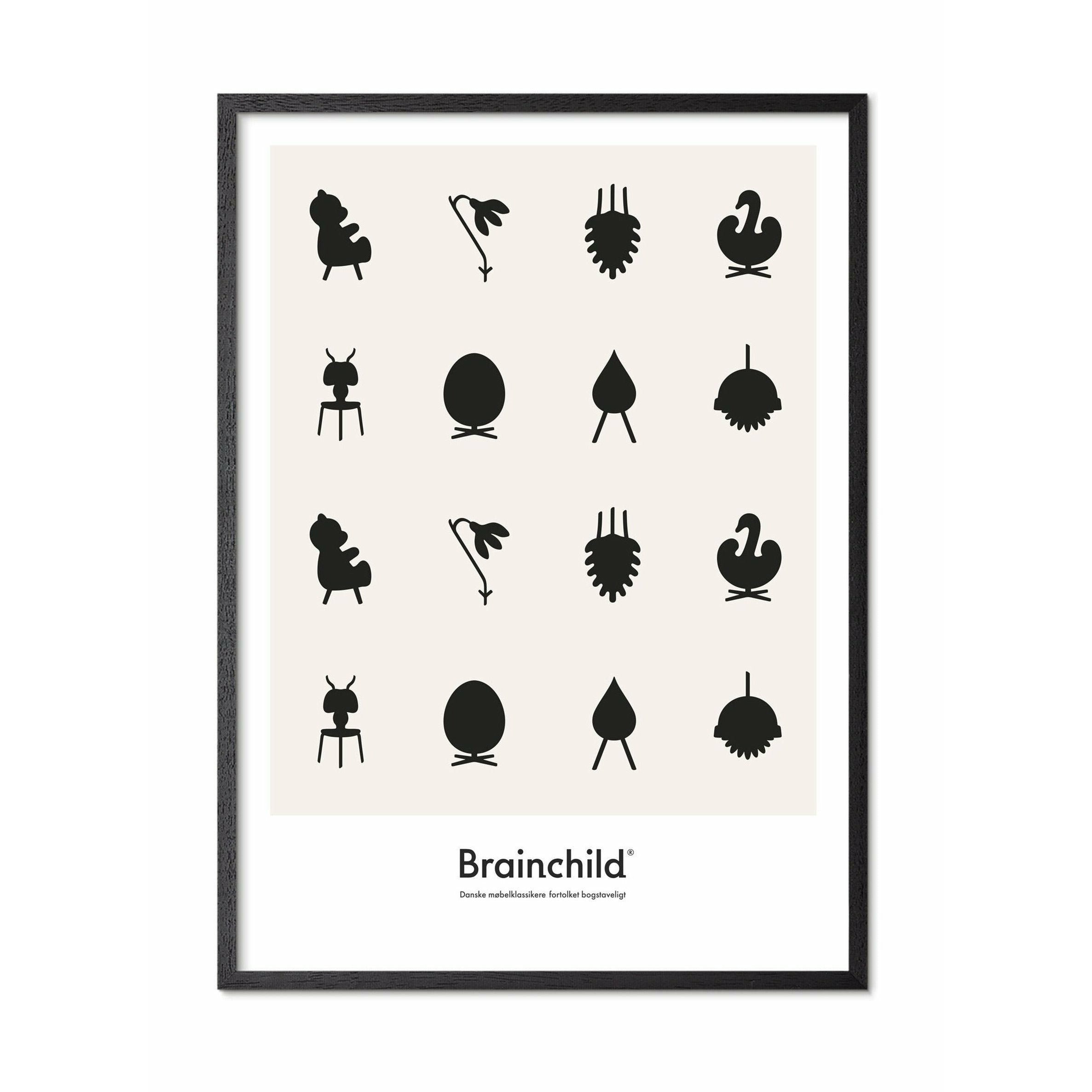 Brainchild Design Icon Poster, Rahmen aus schwarz lackiertem Holz 30x40 Cm, grau