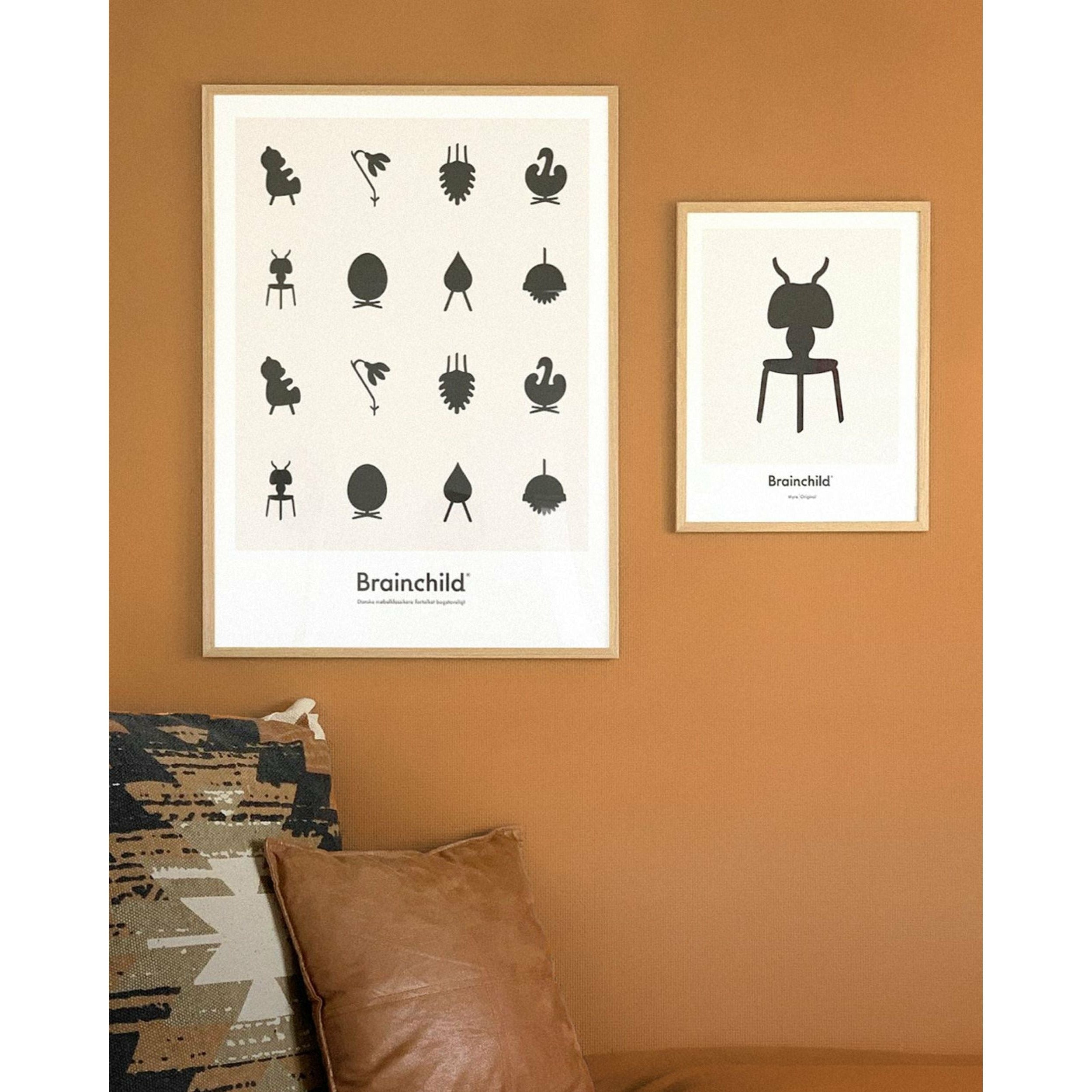 Brainchild Design Icon Poster, Frame Made Of Black Lacquered Wood 50x70 Cm, Grey