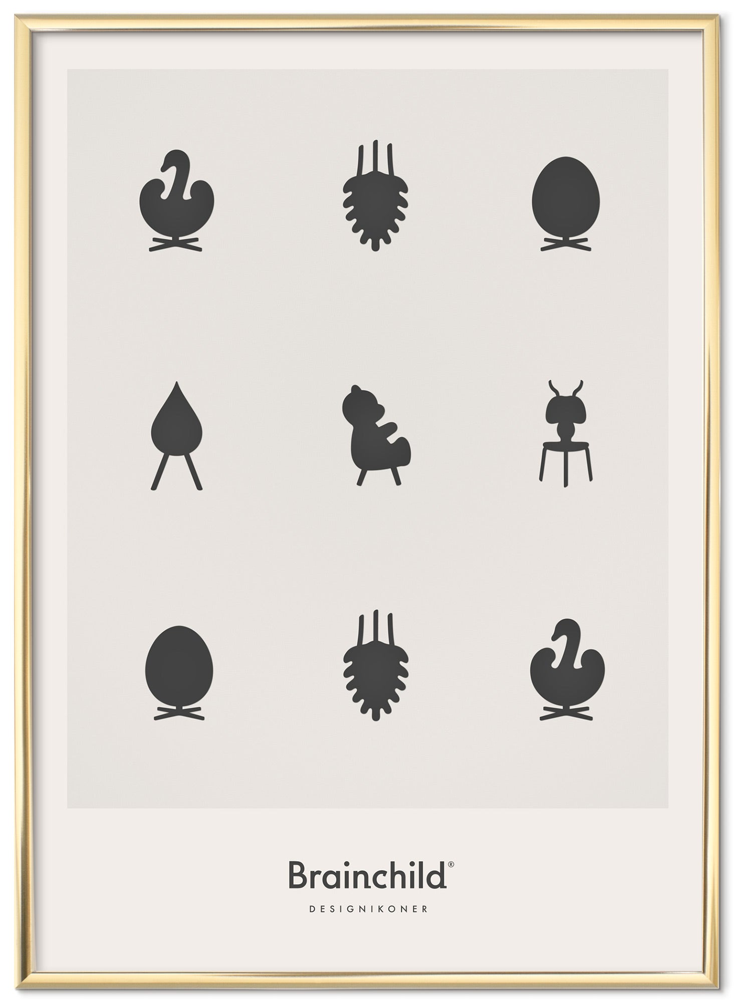 Brainchild Ontwerp pictogrammen poster messing frame 50x70 cm, lichtgrijs