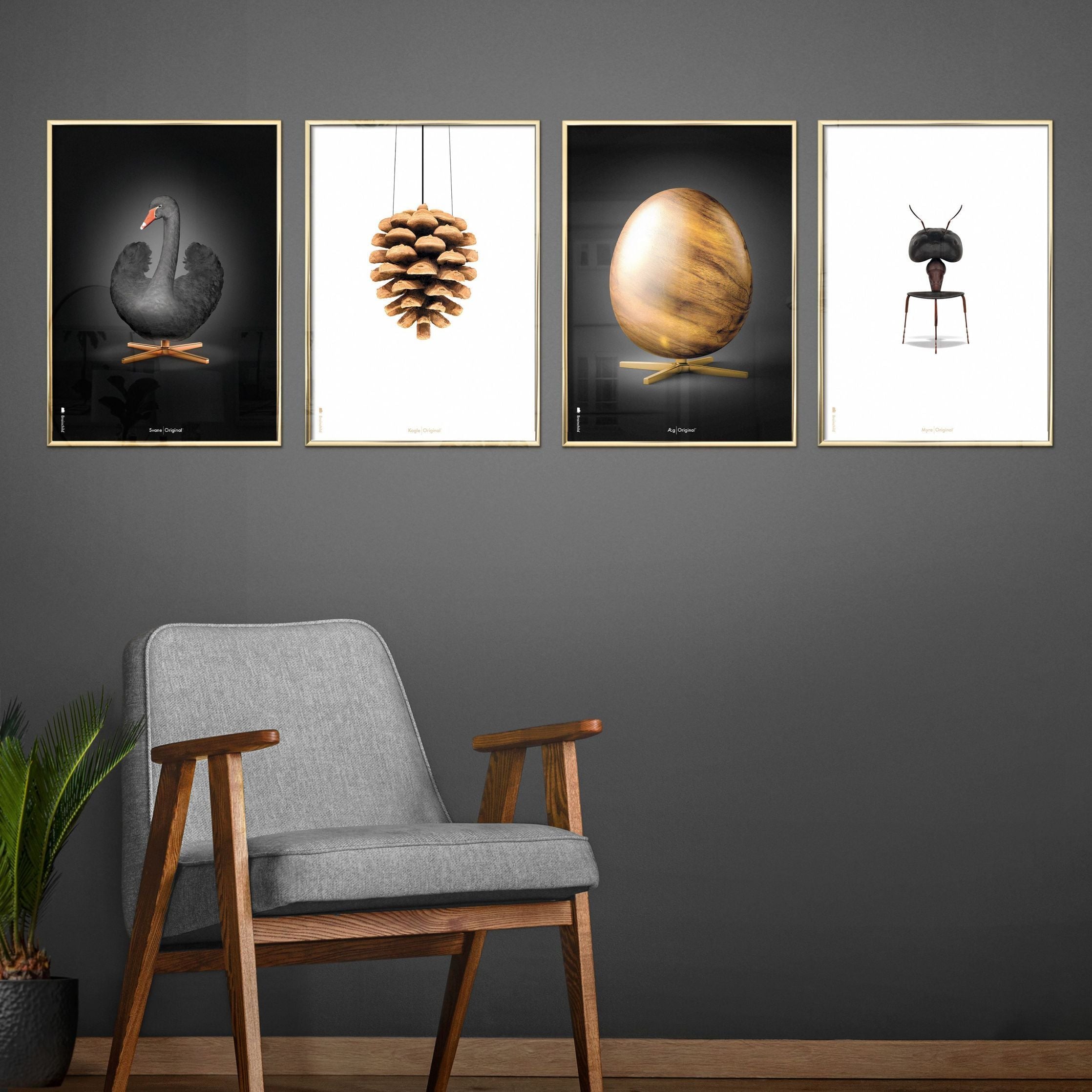 Brainchild Ei-Figuren Poster, Rahmen aus hellem Holz 30x40 Cm, Schwarz