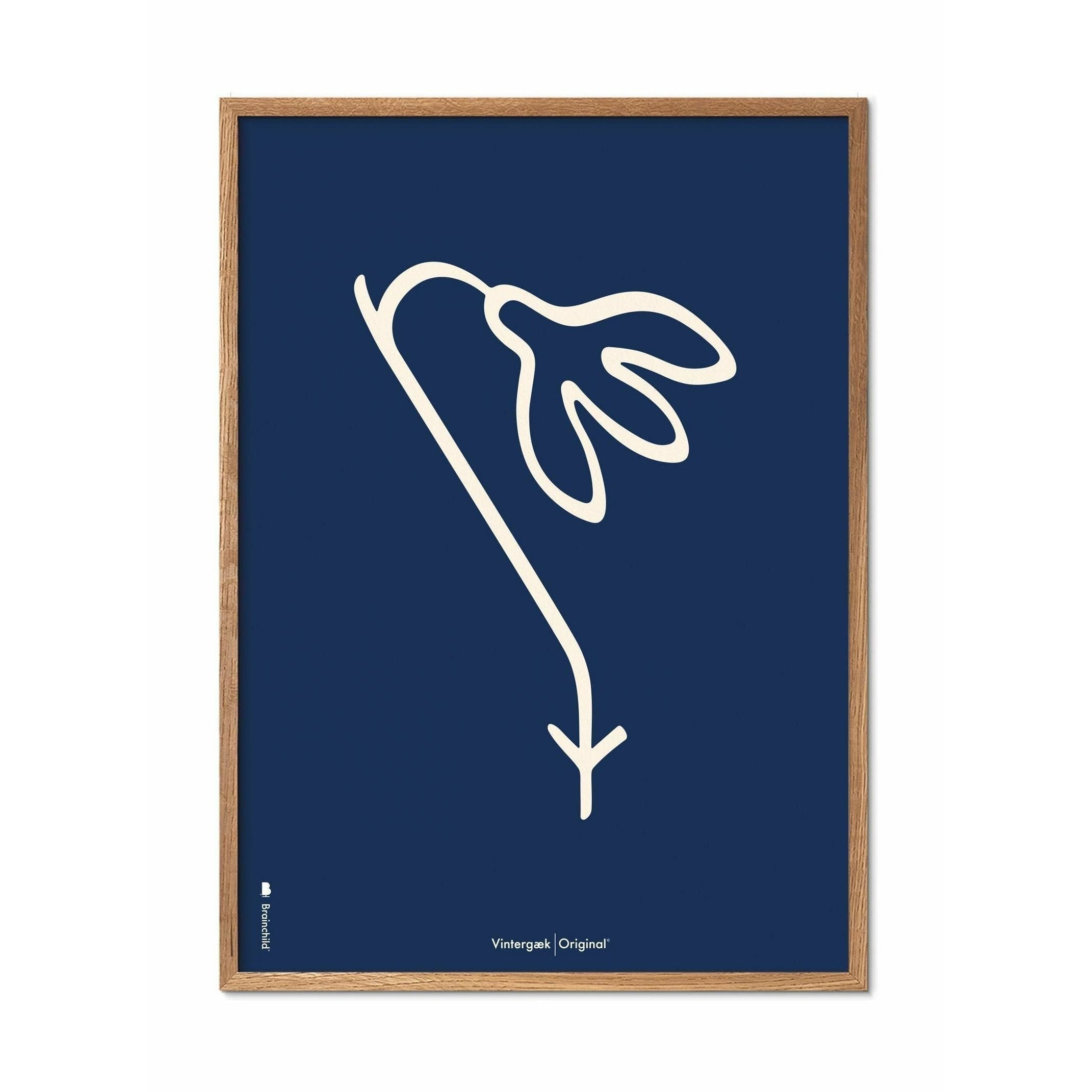 Brainchild Snowdrop Line Poster, Rahmen aus hellem Holz A5, blauer Hintergrund