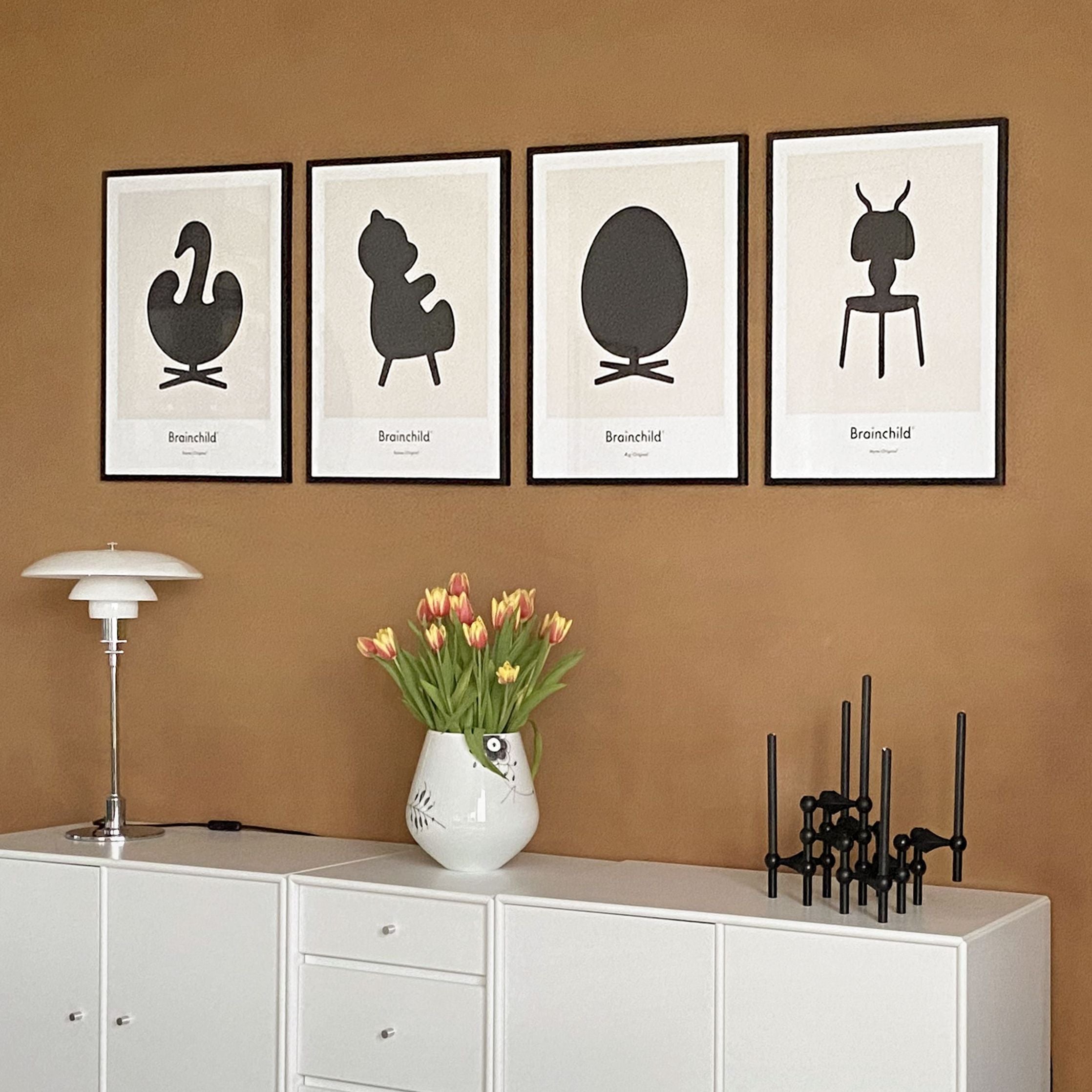 Brainchild Swan Design Icon Poster, Frame Made Of Light Wood 30x40 Cm, Grey