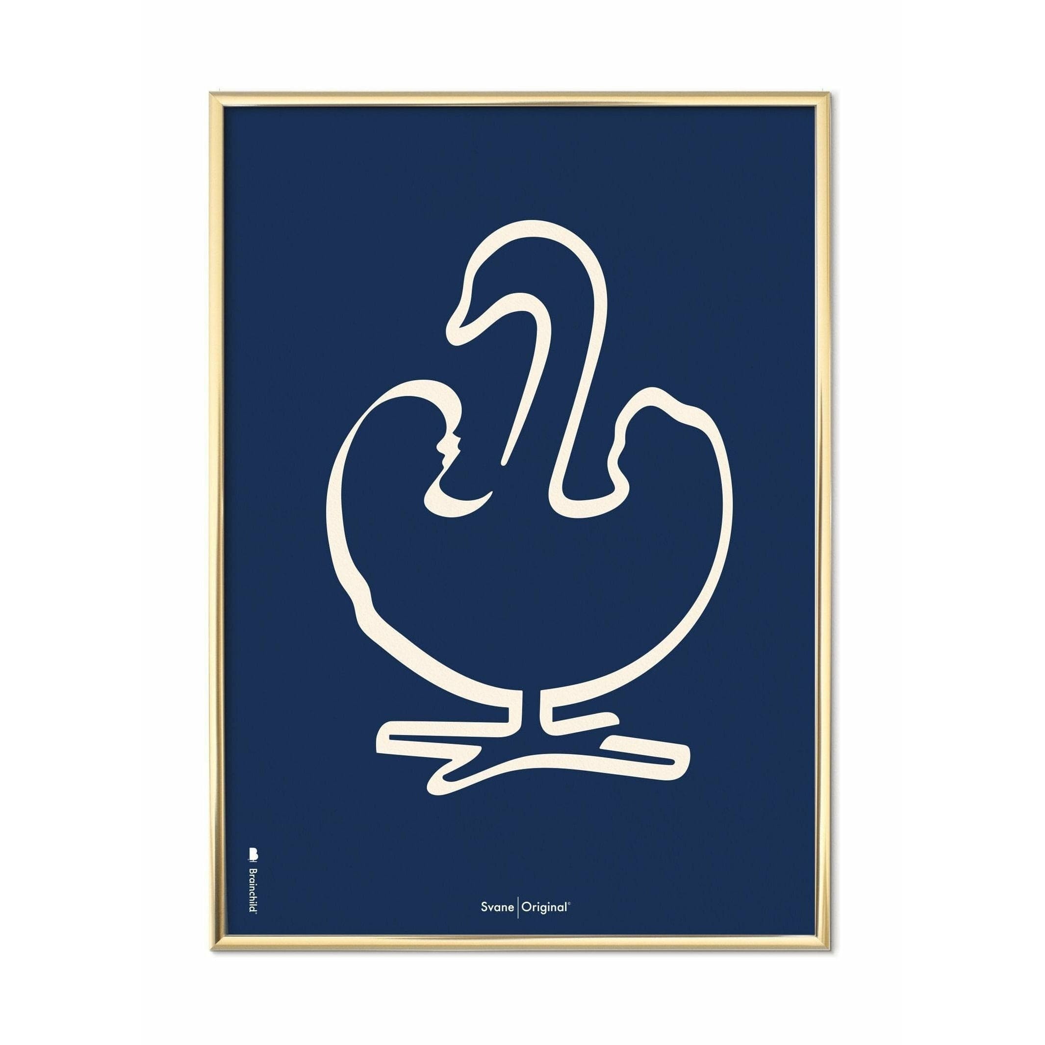 Brainchild Swan Line Poster, Brass Colored Frame 50 X70 Cm, Blue Background