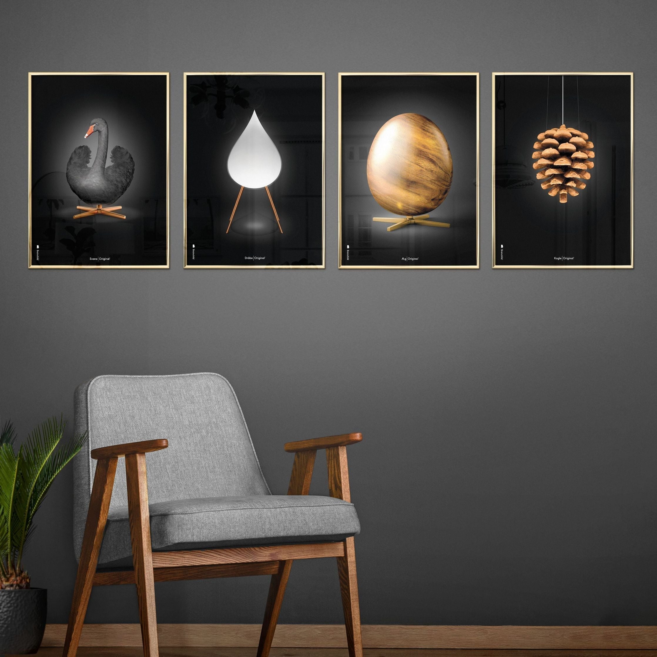 Poster classico del cono di pino da un'idea, cornice in legno scuro 30x40 cm, sfondo nero