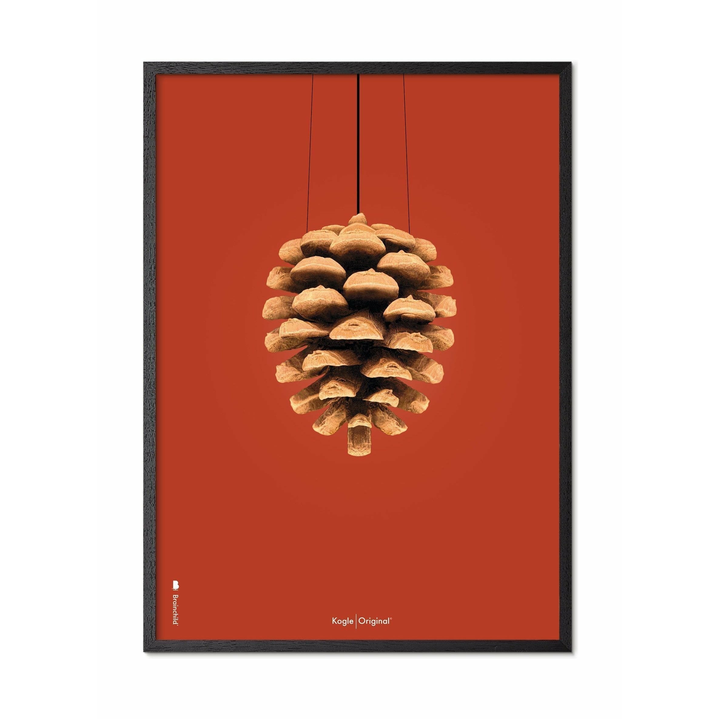 Póster clásico de cono de pino de creación, marco en madera lacada negra de 30x40 cm, fondo rojo