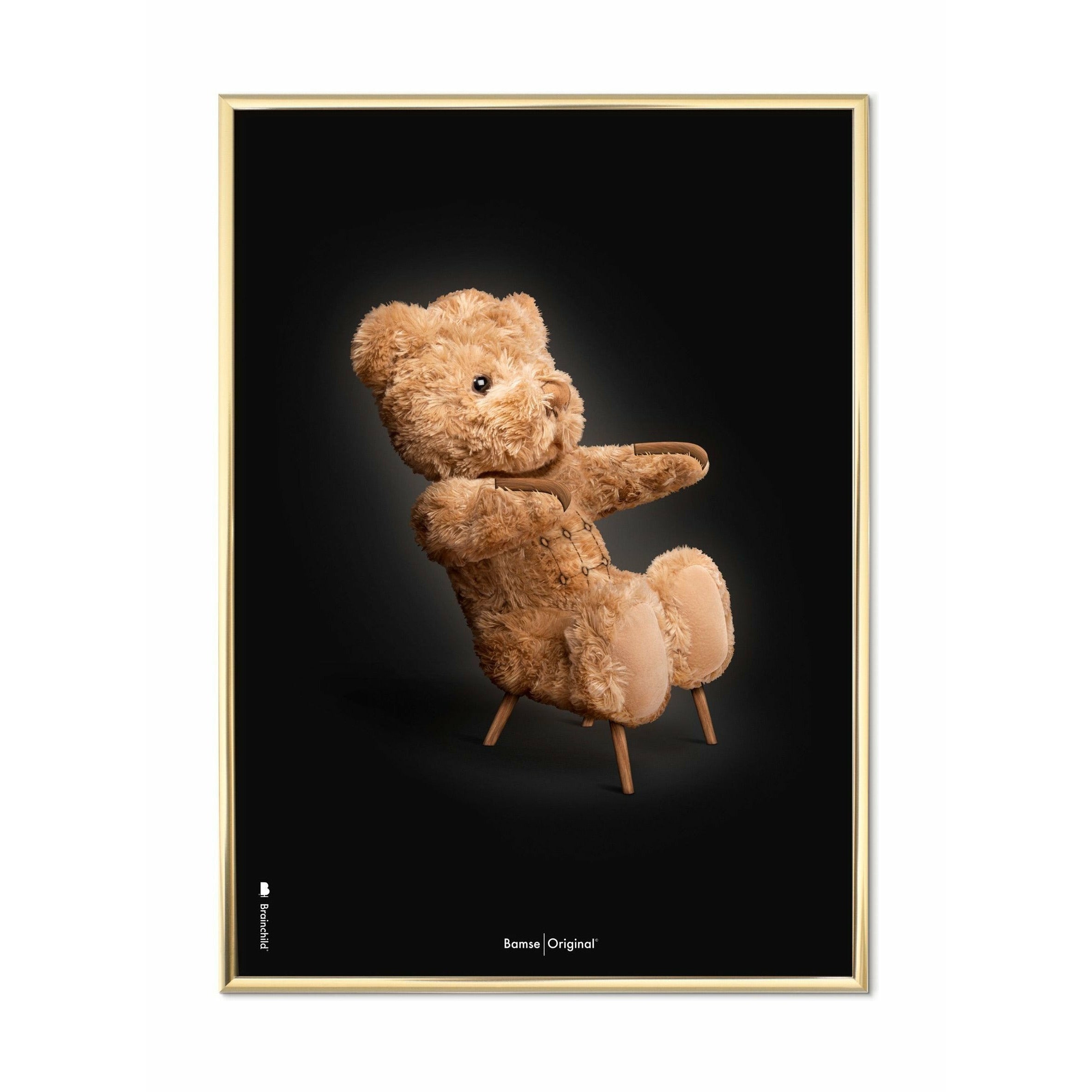 brainchild Teddybeer klassieke poster, messing frame 50x70 cm, zwarte achtergrond