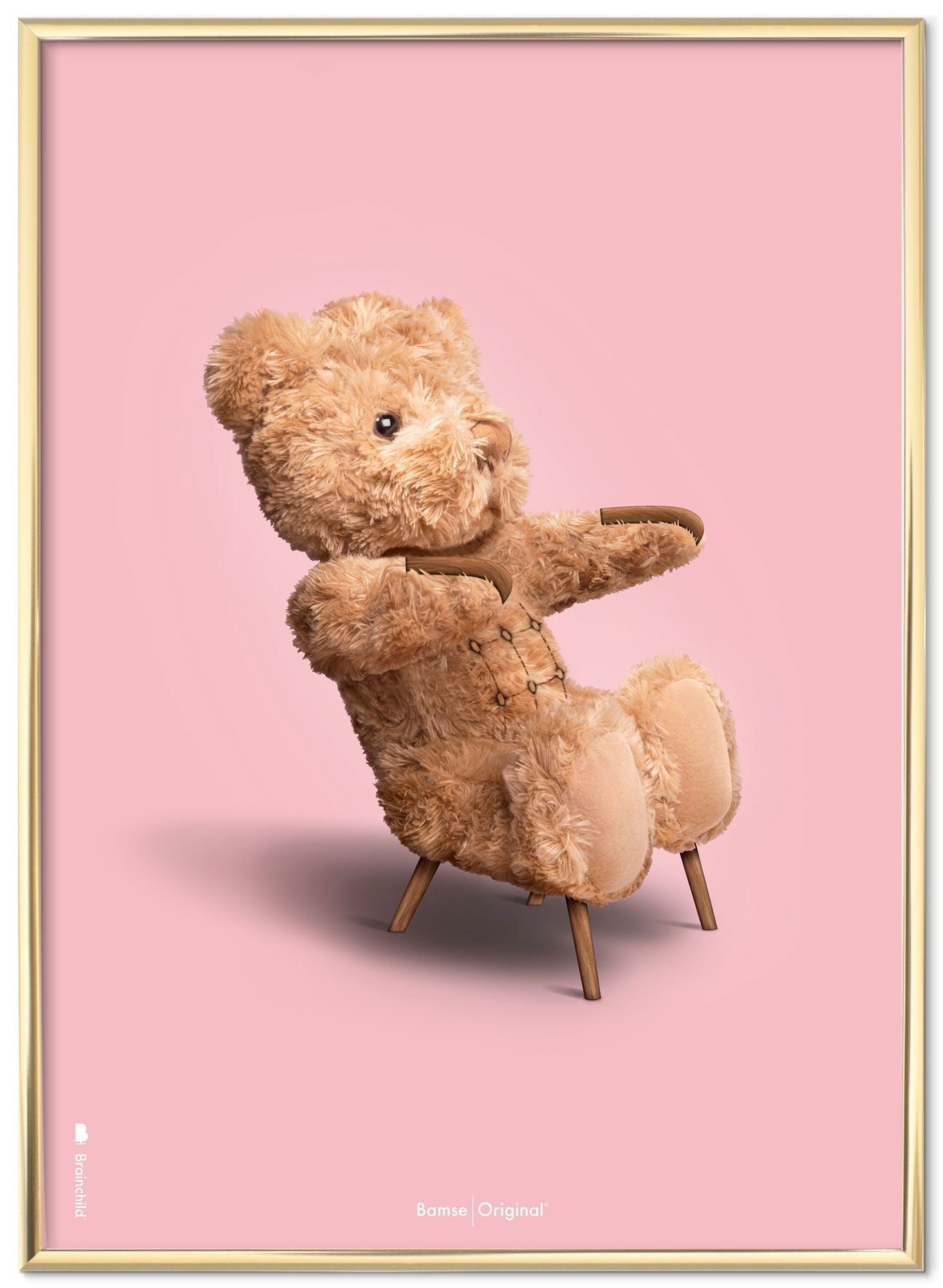 Brainchild Teddybär Classic Poster Messingfarbener Rahmen 50x70 Cm, Rosa Hintergrund