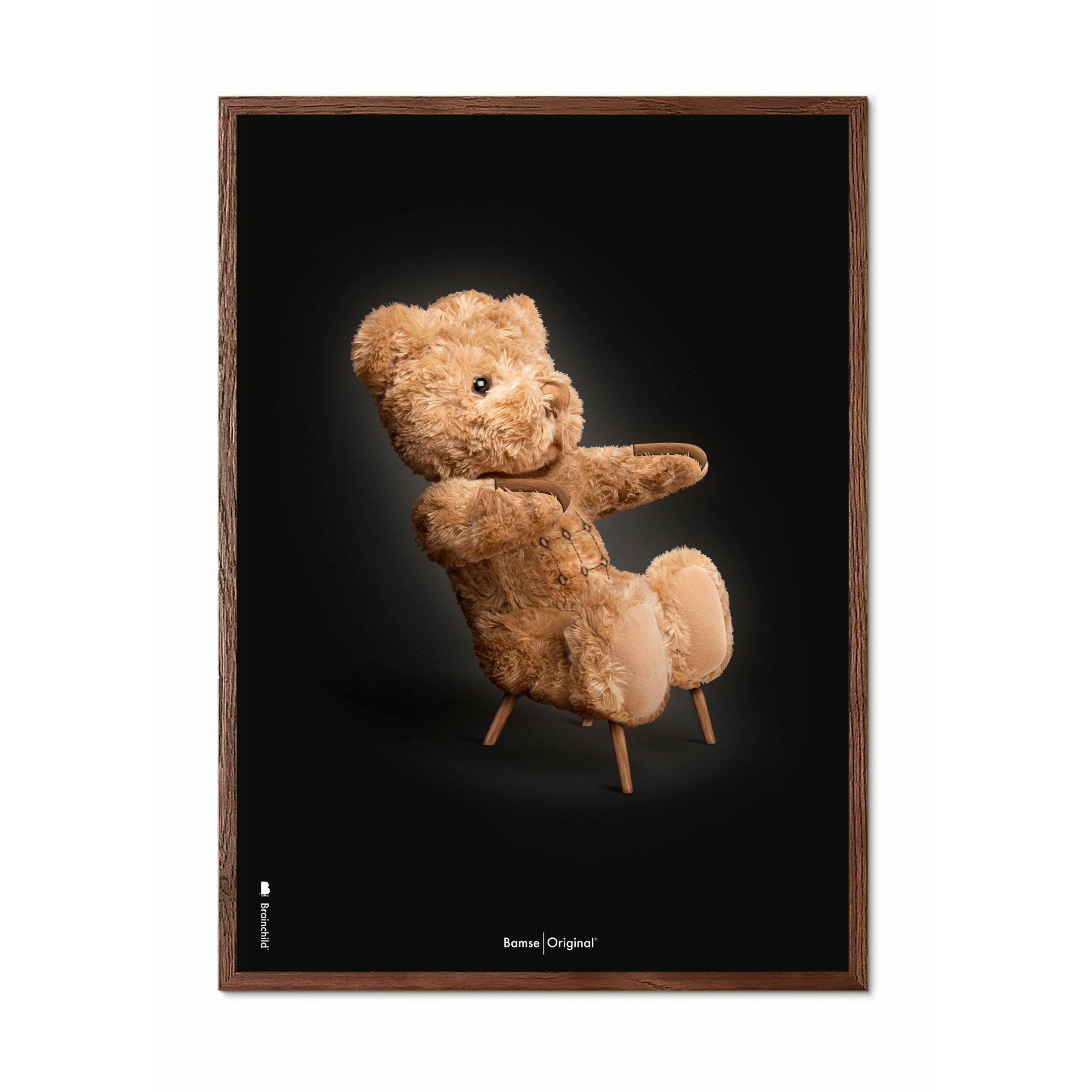 brainchild Teddybeer klassieke poster, frame gemaakt van donker hout 30x40 cm, zwarte achtergrond
