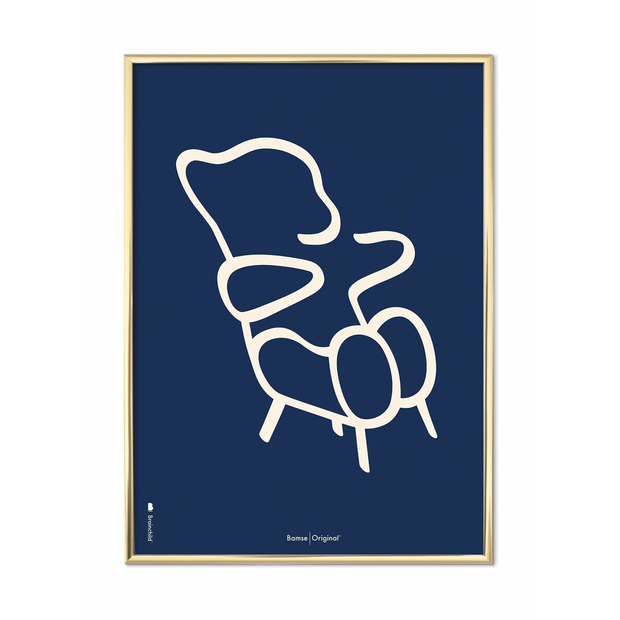 Brainchild Teddy Bear Line Poster, Brass Colored Frame 50x70 Cm, Blue Background