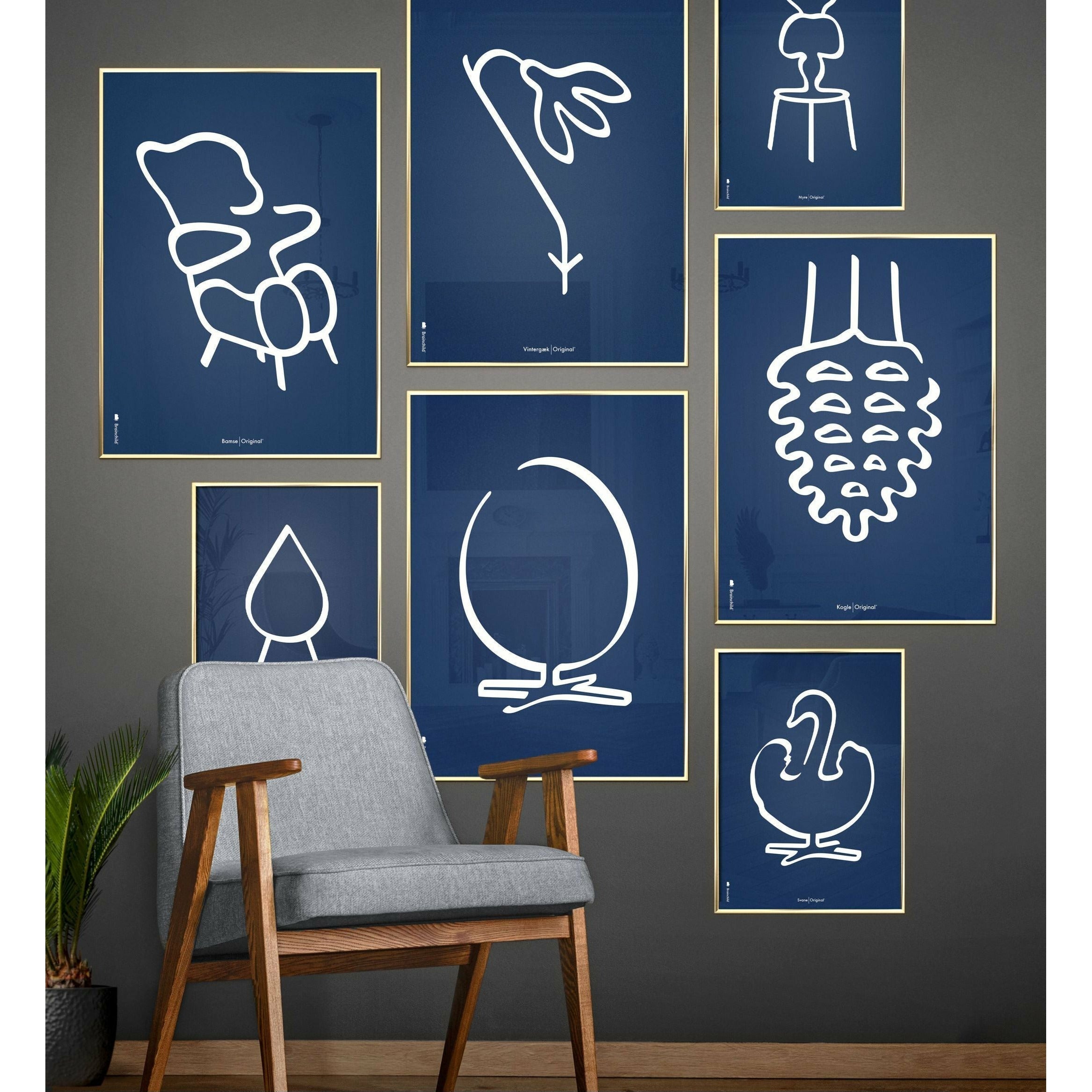 Brainchild Drop Line Poster, Rahmen aus dunklem Holz 50x70 Cm, blauer Hintergrund