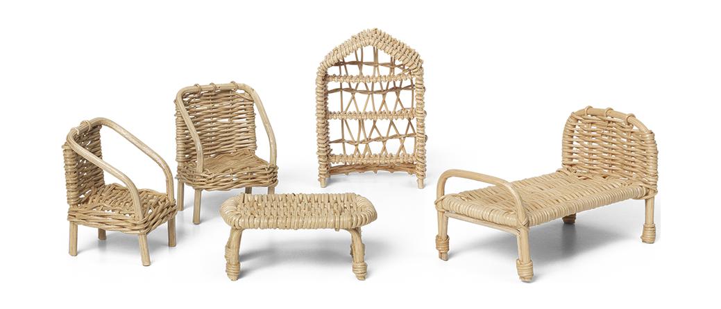 Juego de muebles de casa de muñecas Ferm Living Rattan de 5, Natural