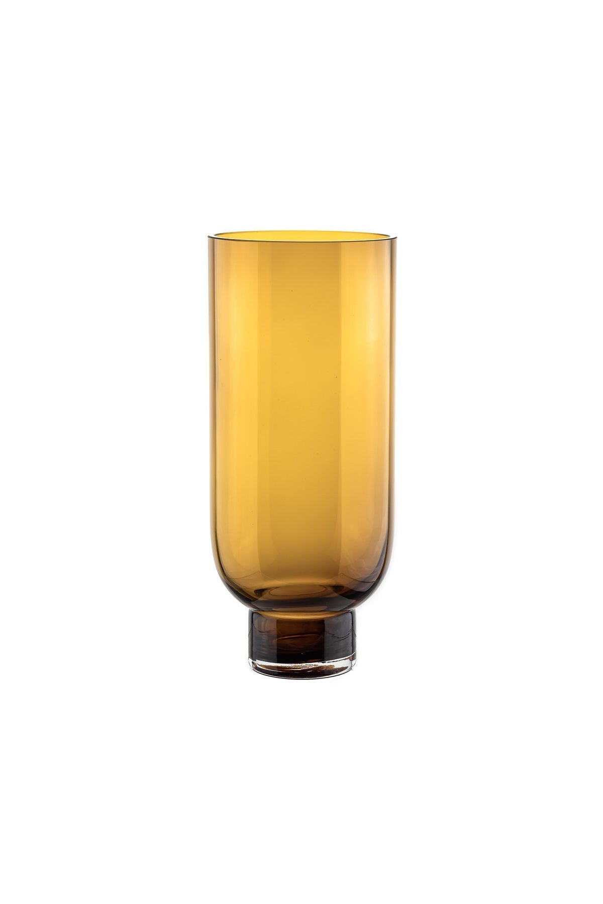 清醒的现代玻璃花瓶，圆柱形在坚固的底座上，温暖的黑暗