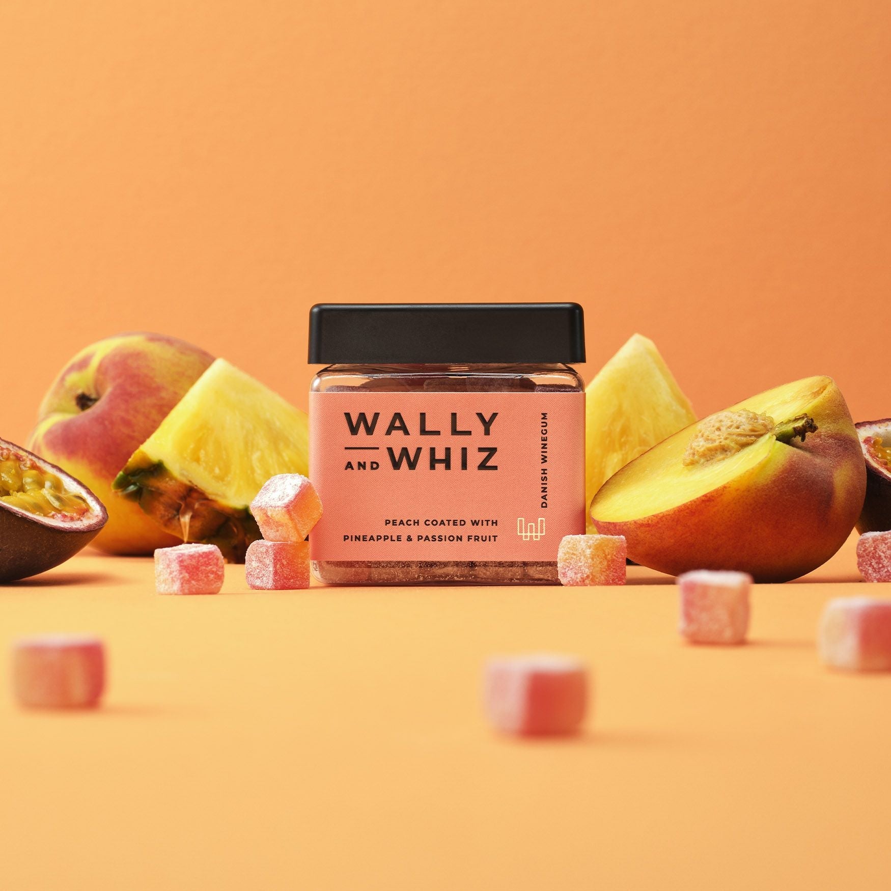 Wally og Whiz Summer Wine Gum Cube, fersken med ananas og pasjonsfrukt, 140 g