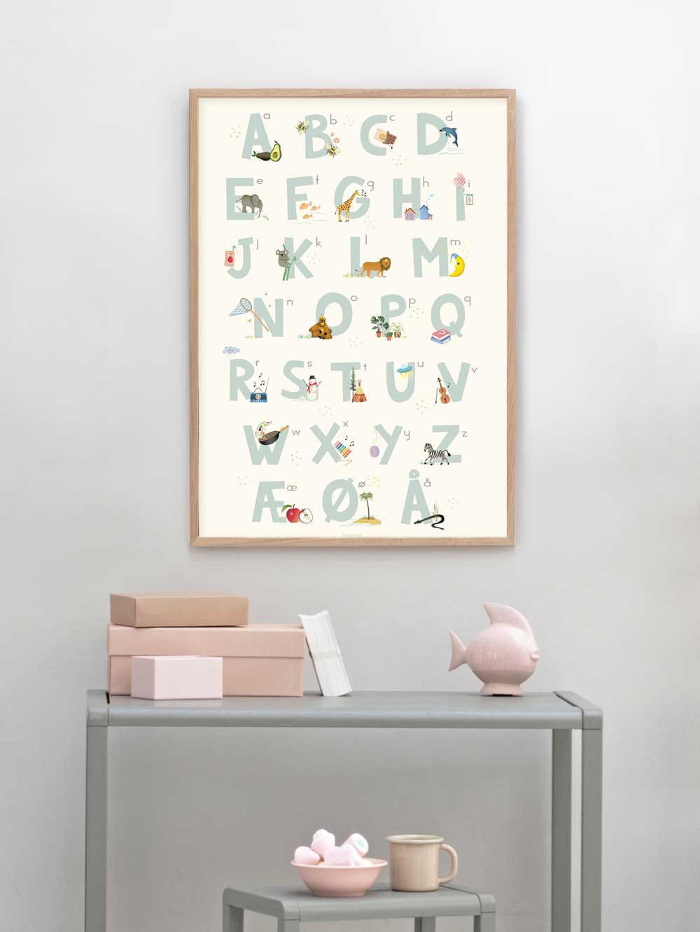 Vissevasse Deense alfabetblauwe poster, 30x40 cm