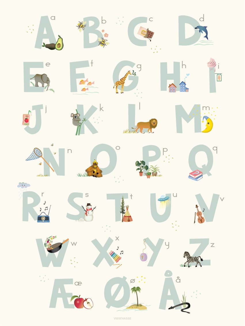Vissevasse Dänisches Alphabetblau -Poster, 30 x 40 cm