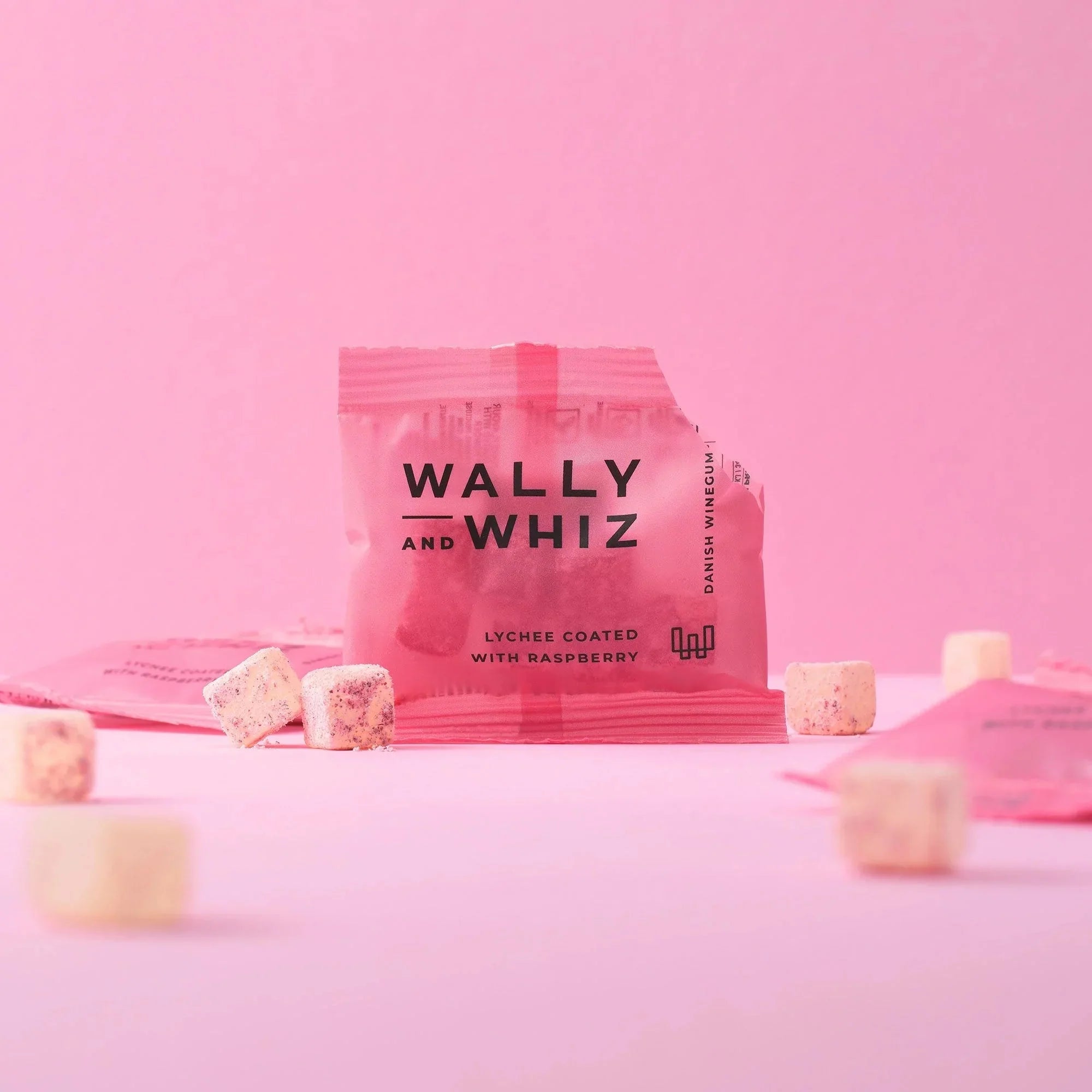Wally og Whiz Wine Gum Flowpack kassi með 200 flæðipökkum, lychee með hindberjum