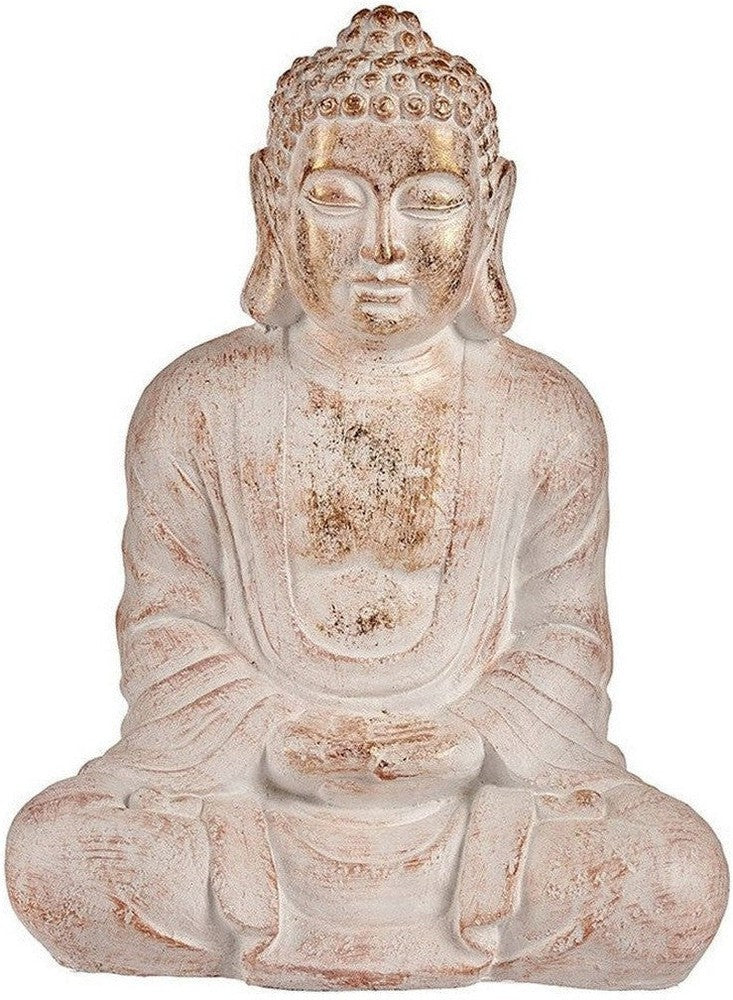 Koristeellinen puutarhakuvio Buddha valkoinen/kultapolyresiini (25 x 57 x 42,5