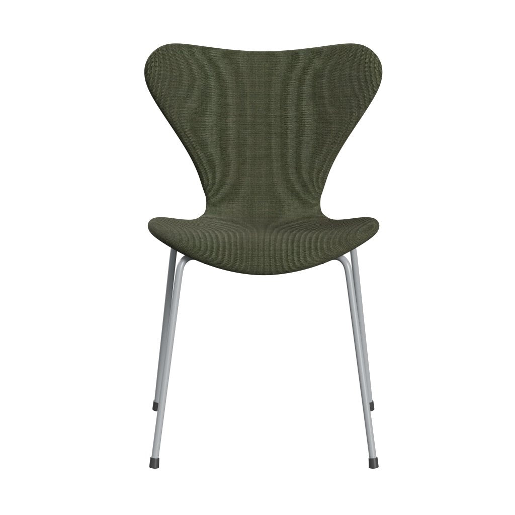 Fritz Hansen 3107 Silla tapicería completa, gris plateado/lienzo verde musgo verde