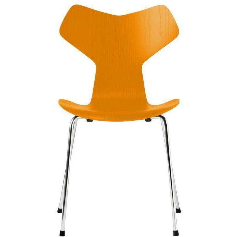 Fritz Hansen Grand Prix Chair Colored Ash Burnt Yellow Shell, Chromed Steel Base