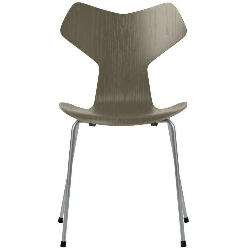 Fritz Hansen Grand Prix Chair Dyed Ash Olive Green Bowl, Silver Grey Base