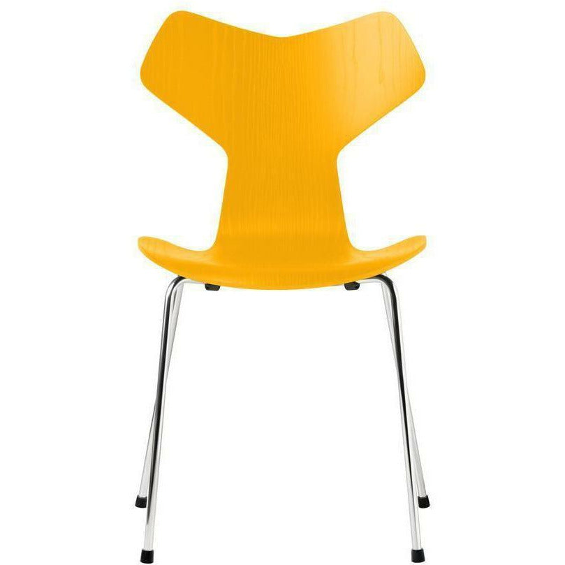 Fritz Hansen Grand Prix sedia tintura di cenere vera guscio giallo, base in acciaio cromato