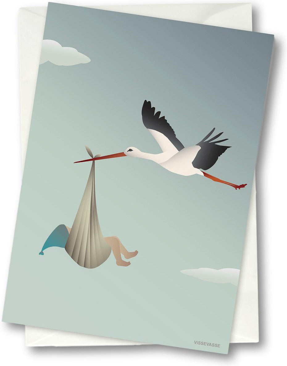 Vissevasse Stork Greeting Card 10.5 x15 cm, blu