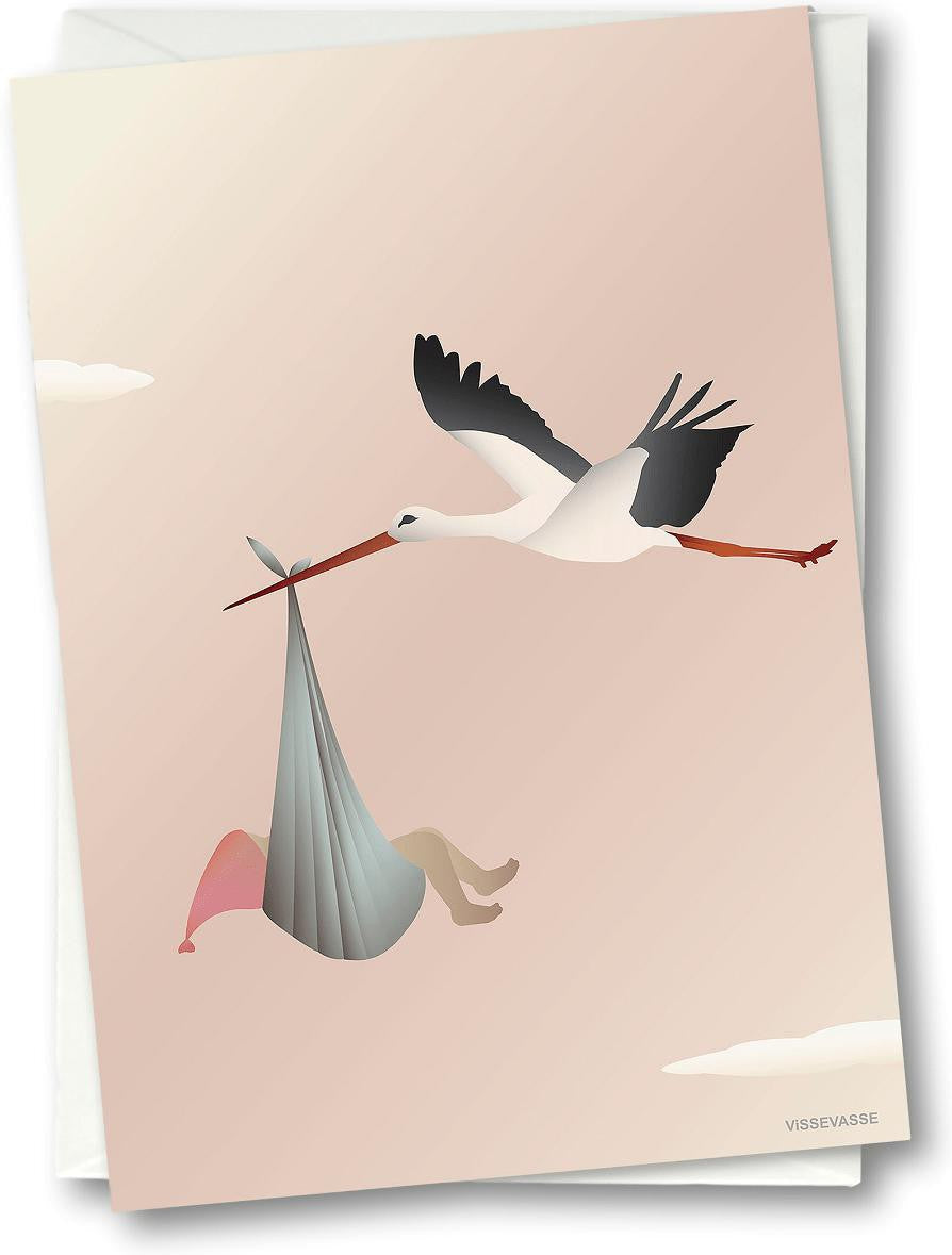 Vissevasse Stork Greeting Card 10.5 x15 cm, rosa