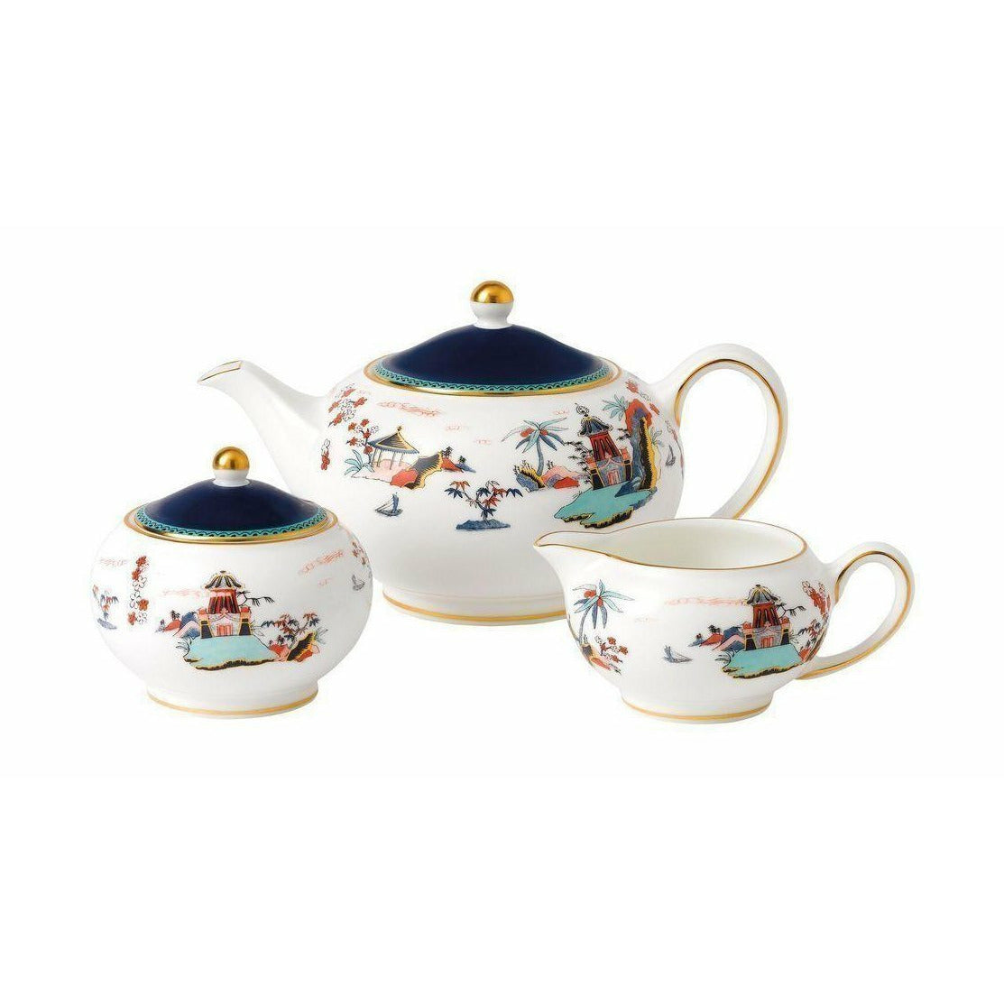 Wedgwood Wonderlust Blue Pagoda set 3 stcs (theepot, suikerkom, melkkan) geschenkdoos