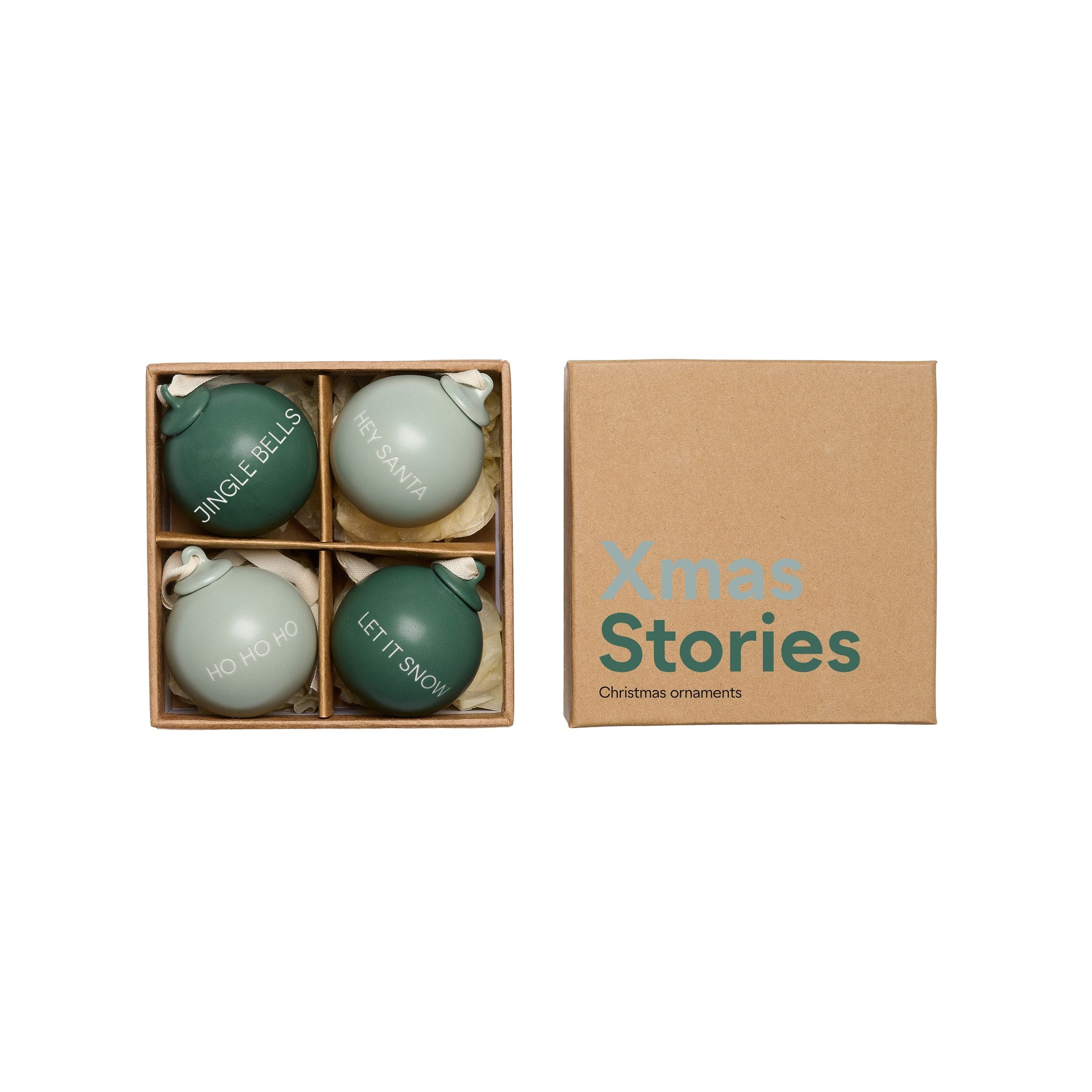 Lettere di progettazione Storie di Natale Pendenti a sfera 40mm (set di 4 pezzi), verde scuro/verde polveroso