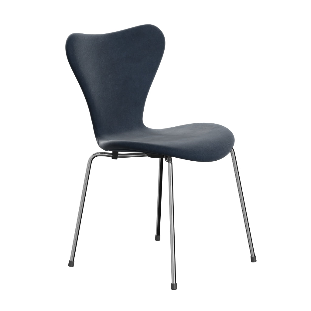 Fritz Hansen 3107 chaise complète complète, Chrome / Belfast Velvet Grey Bleu