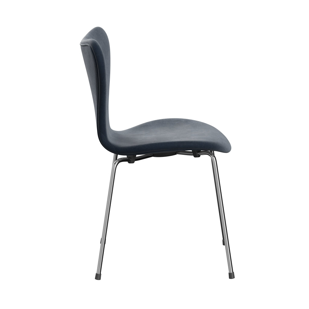 Fritz Hansen 3107 chaise complète complète, Chrome / Belfast Velvet Grey Bleu