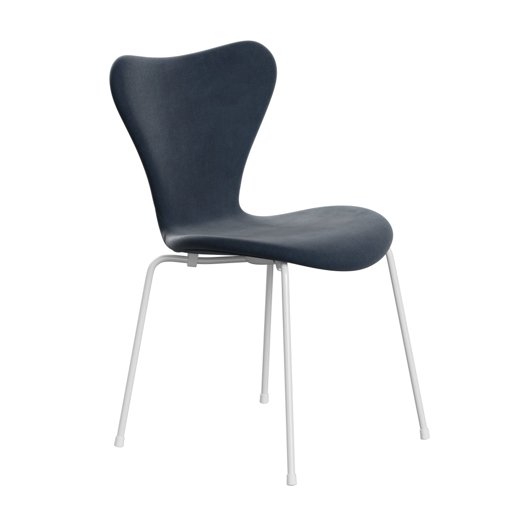 Fritz Hansen 3107 sedia piena tappezzeria, blu grigio in velluto bianco/belfast