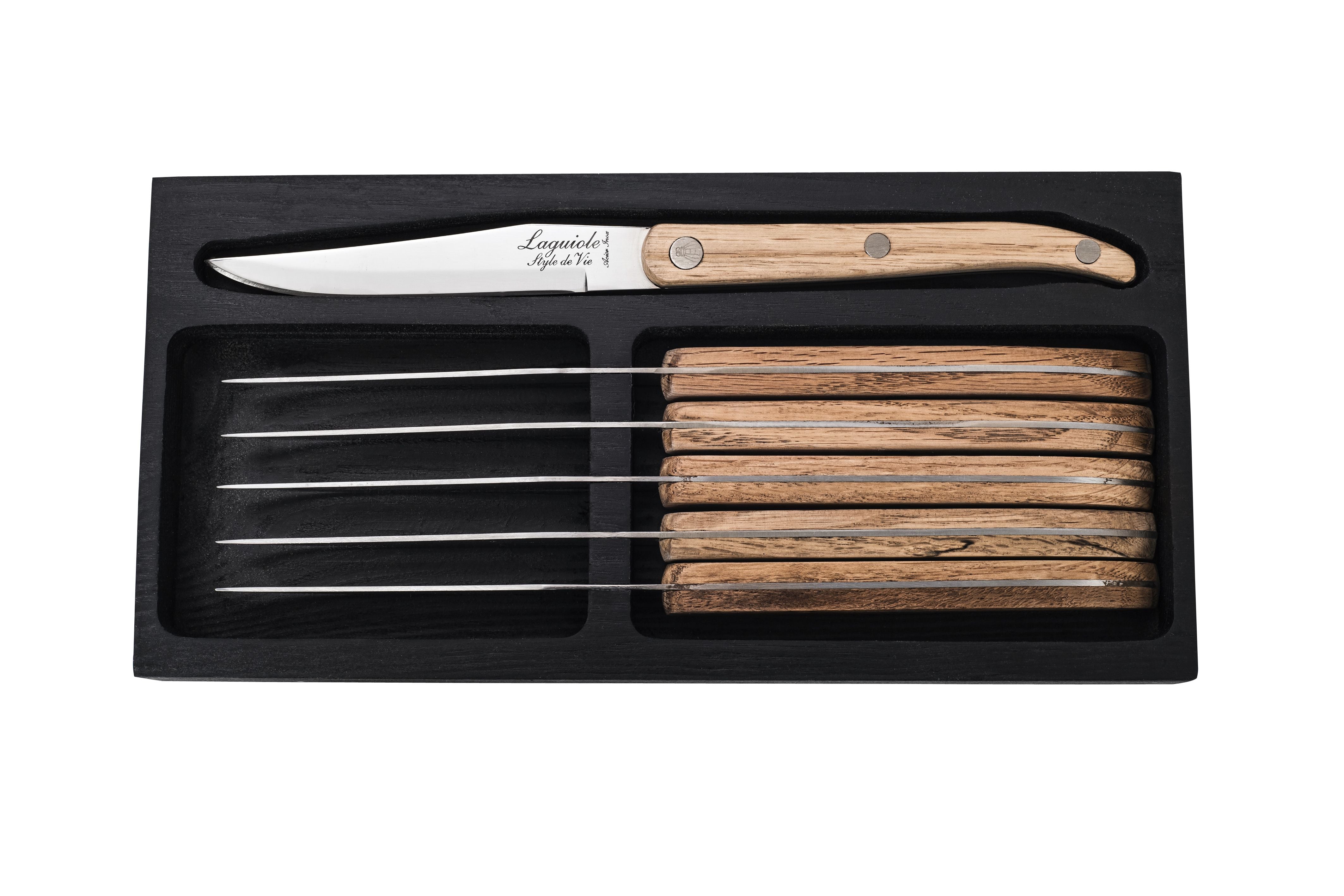 De Vie Authentique Laguiole创新牛排牛排刀6套橡木木，光滑的刀片