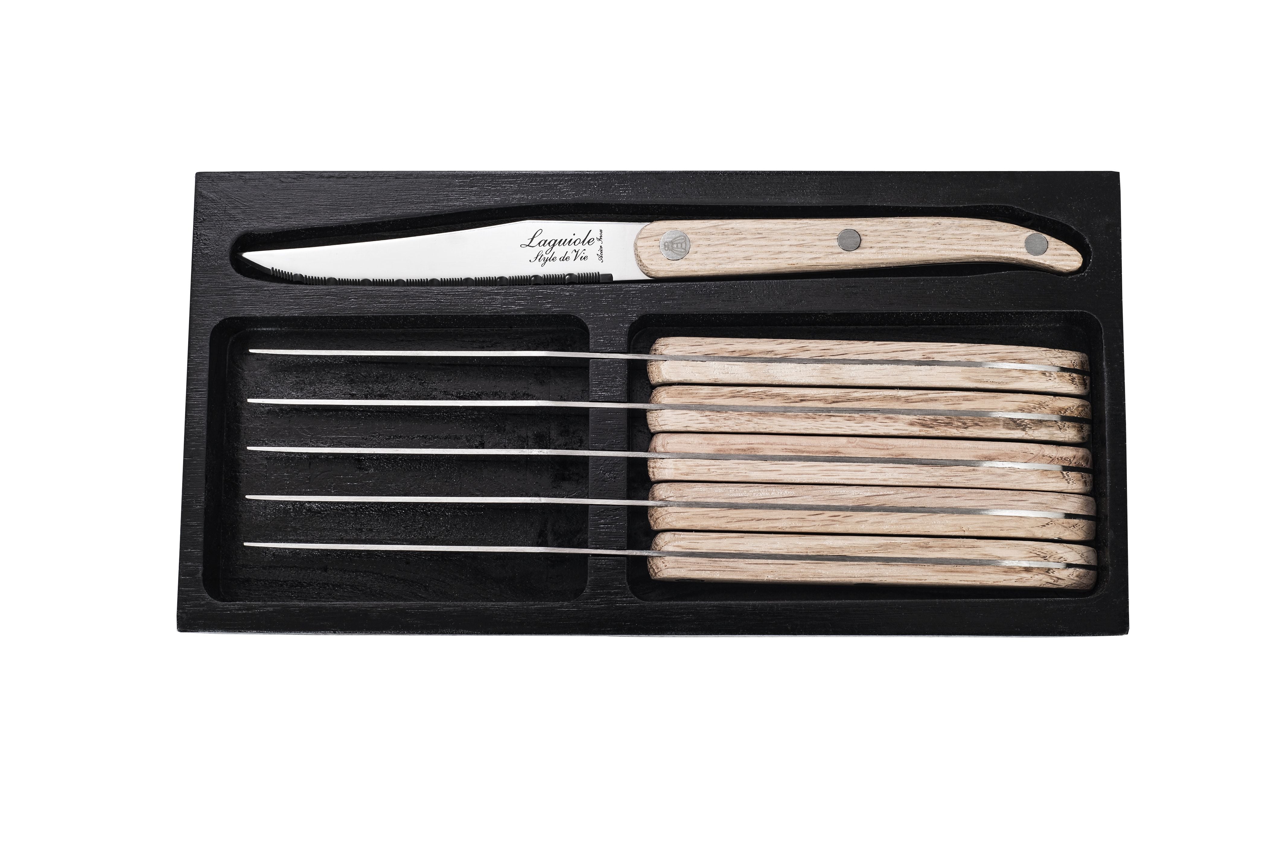 Style De Vie Authentique Laguiole Innovation Line Steak Knives 6 Piece Set Oak Wood, Sernotation Blade