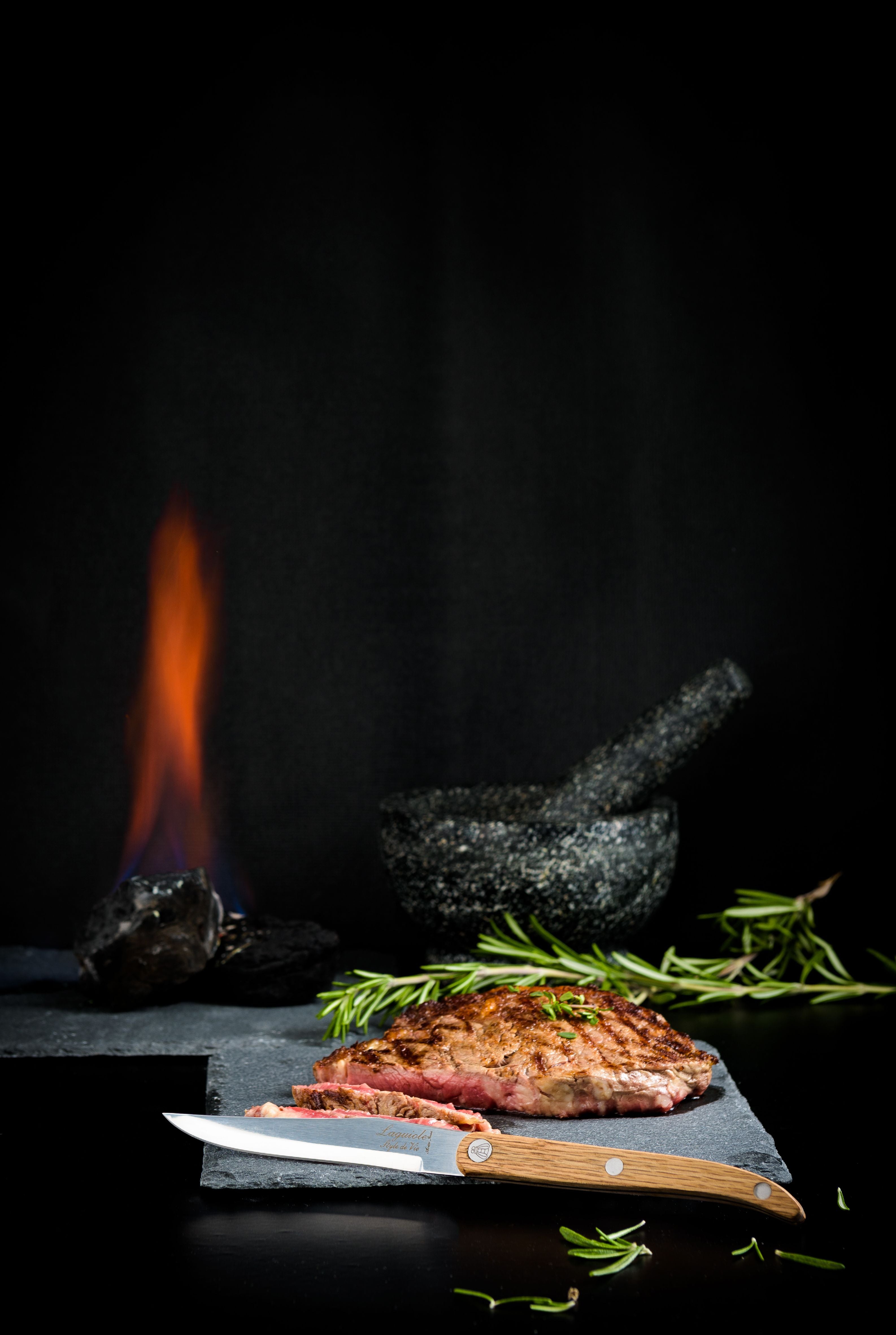 Stijl De Vie Authentique Laguiole Innovatie Line Steakmessen 6-delige set eikenhout, gekarteld lemmet