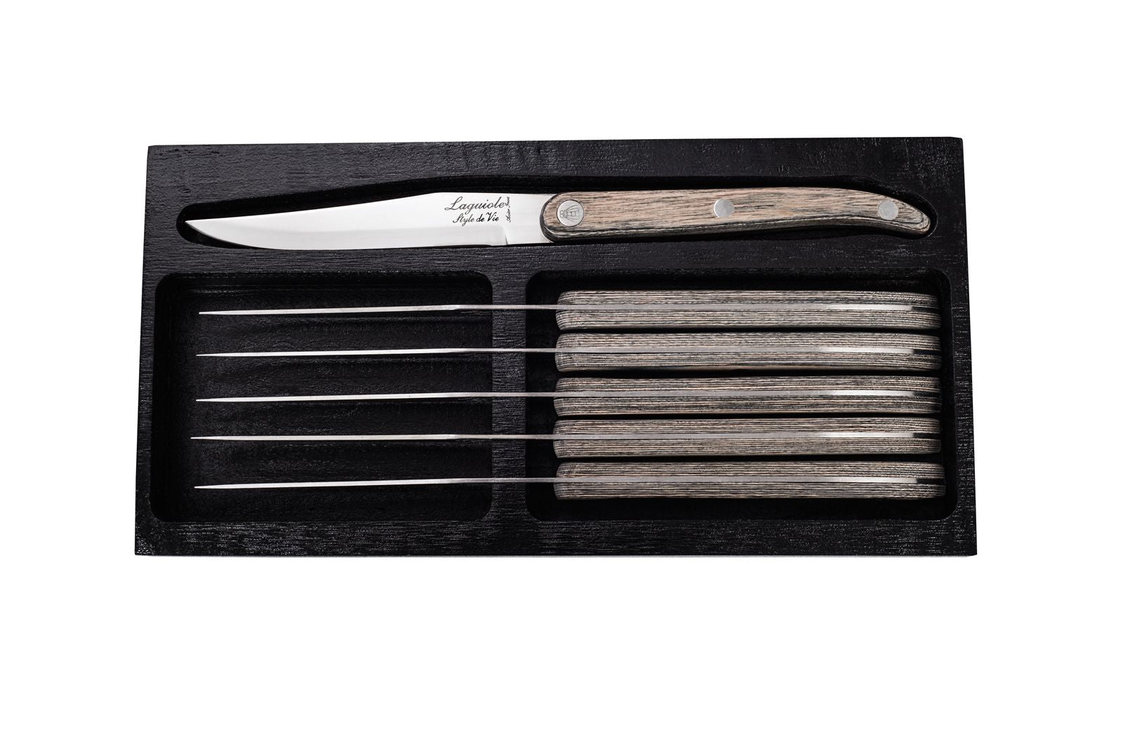 Estilo de Vie Authentique Laguiole Innovation Line Kneak Knives de 6 piezas, pakka gris con cuchilla suave