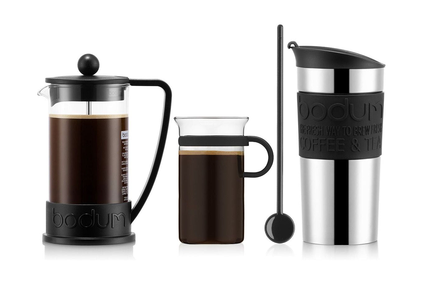 Bodum Kaffee-Set Kaffee-Set Kaffeemaschine Reisetasse Kaffeeglas und Kaffeelöffel, 3 Tassen